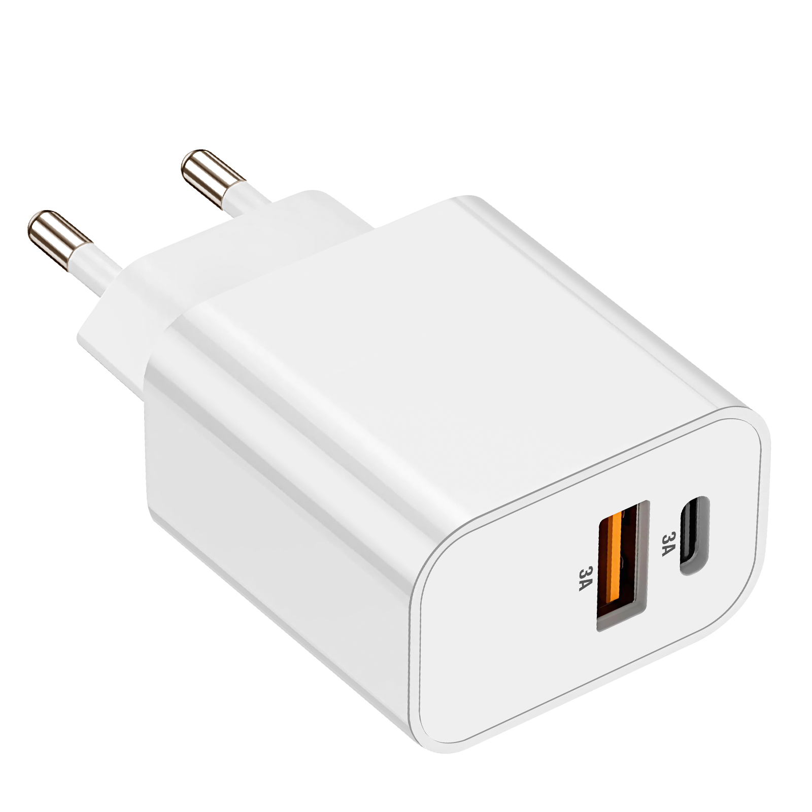 Caricabatterie da parete bianco con due porte USB. Uno è USB-A e l'altro è anch'esso USB-A. Entrambi mostrano 3A.