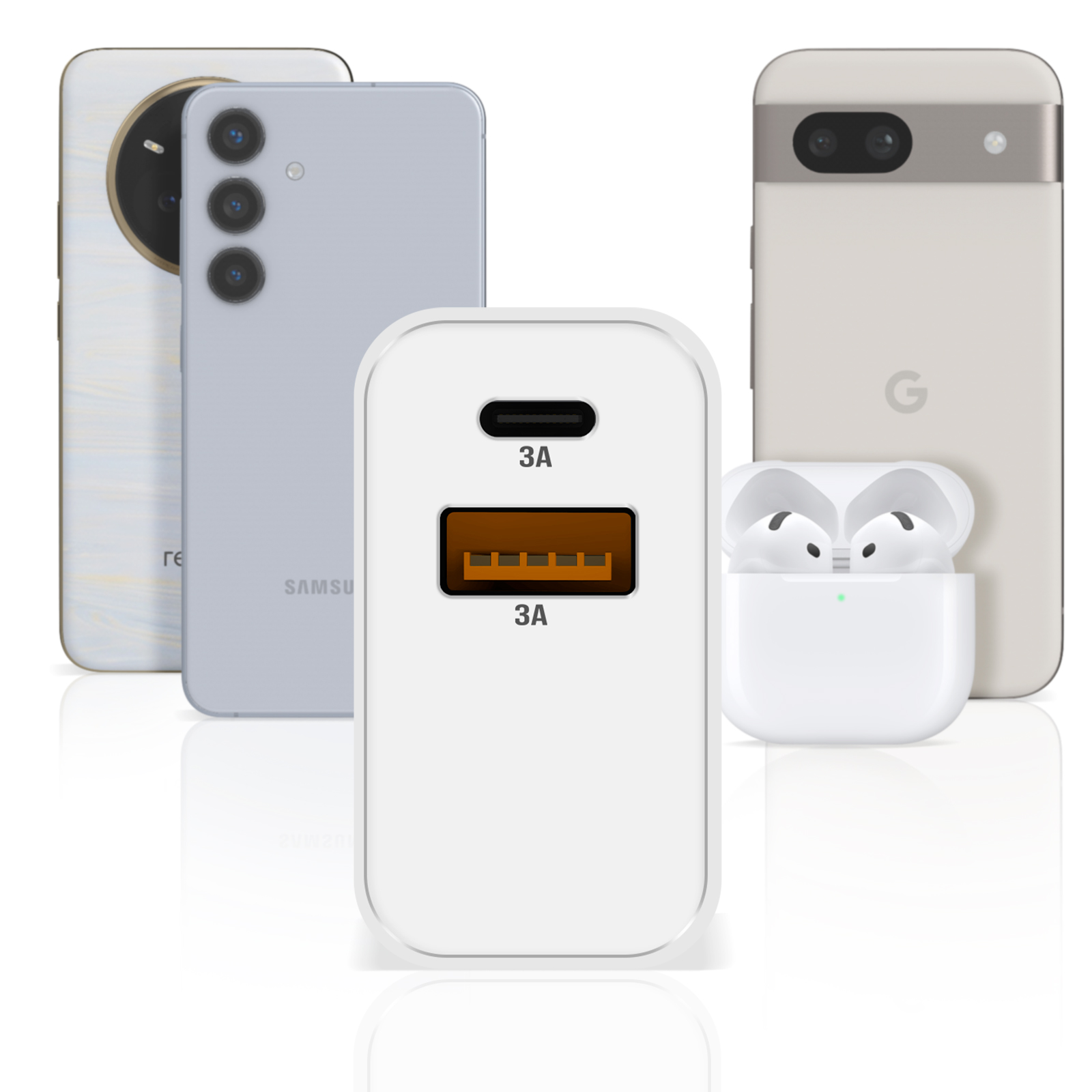 Un caricatore bianco con due porte USB e tre smartphone. I telefoni sono di vari colori, tra cui bianco e viola.