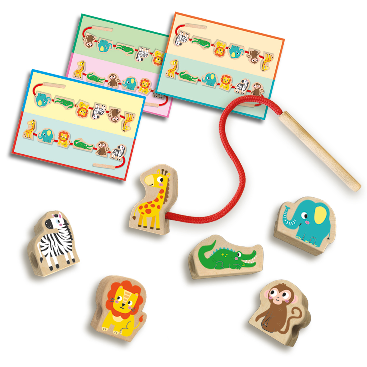 Hölzerne Tierformen und Karten für ein Zuordnungsspiel, einschließlich Giraffe, Zebra und Elefant.