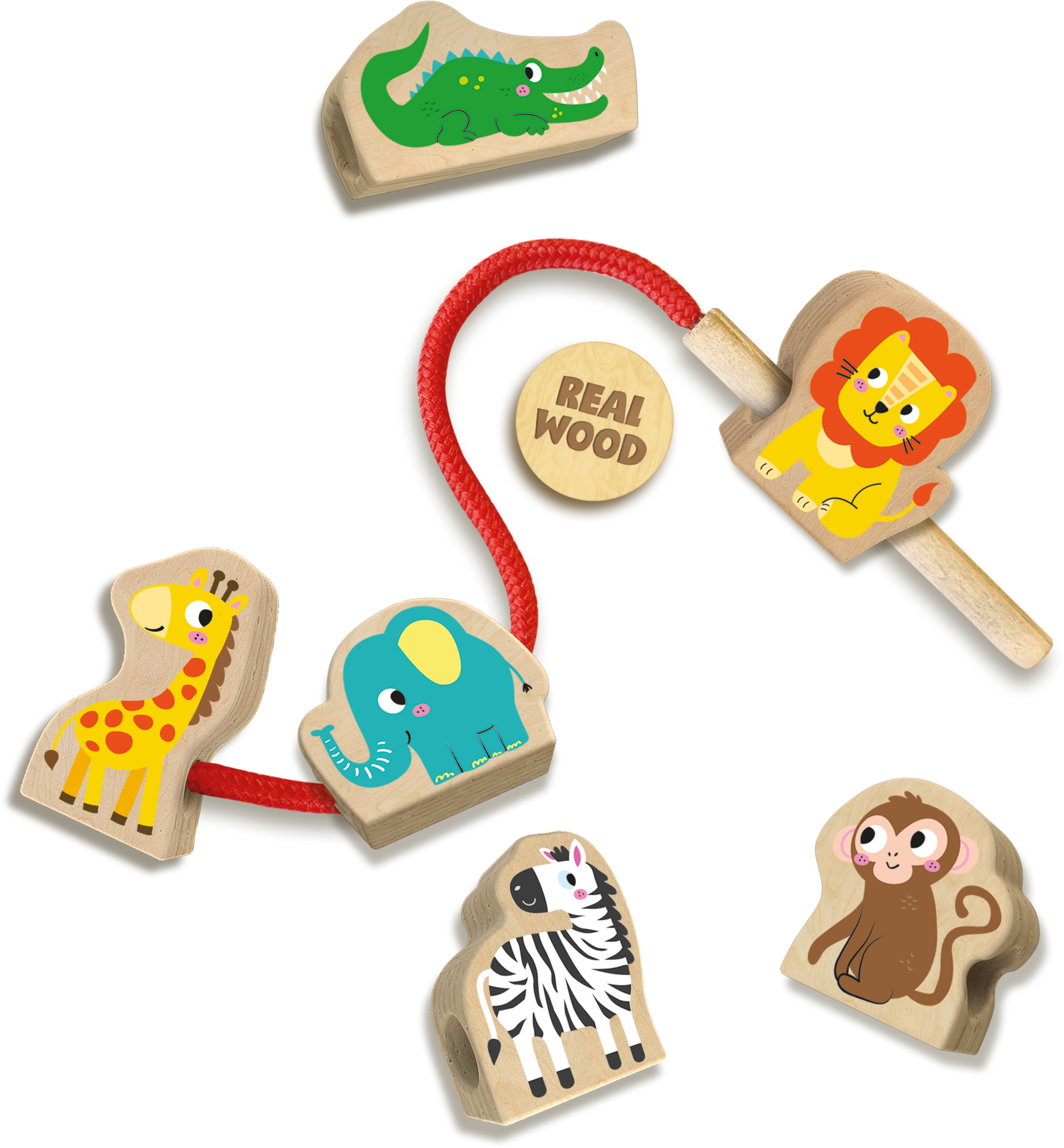 Hölzerne Tierspielzeuge, die durch eine rote Schnur verbunden sind. Enthält ein Krokodil, eine Giraffe, ein Zebra, einen Löwen, einen Elefanten und einen Affen.