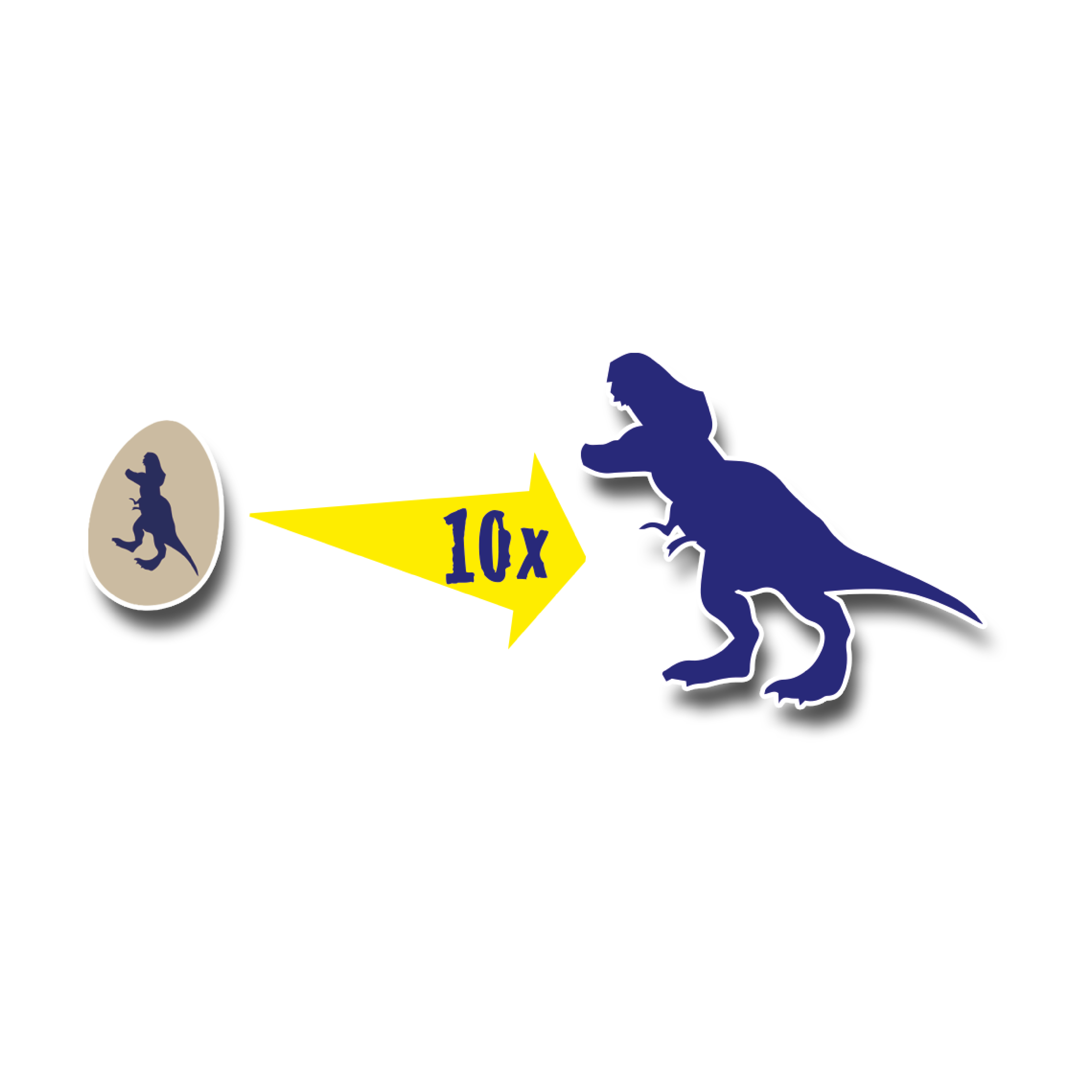 Un uovo di dinosauro si trasforma in un grande dinosauro, con il testo "10x" e una freccia gialla.