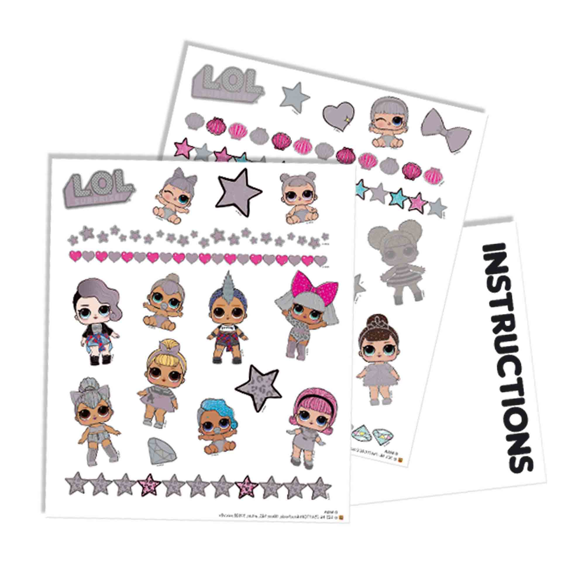 Arkusz z naklejkami lalek LOL, gwiazdami i instrukcją.