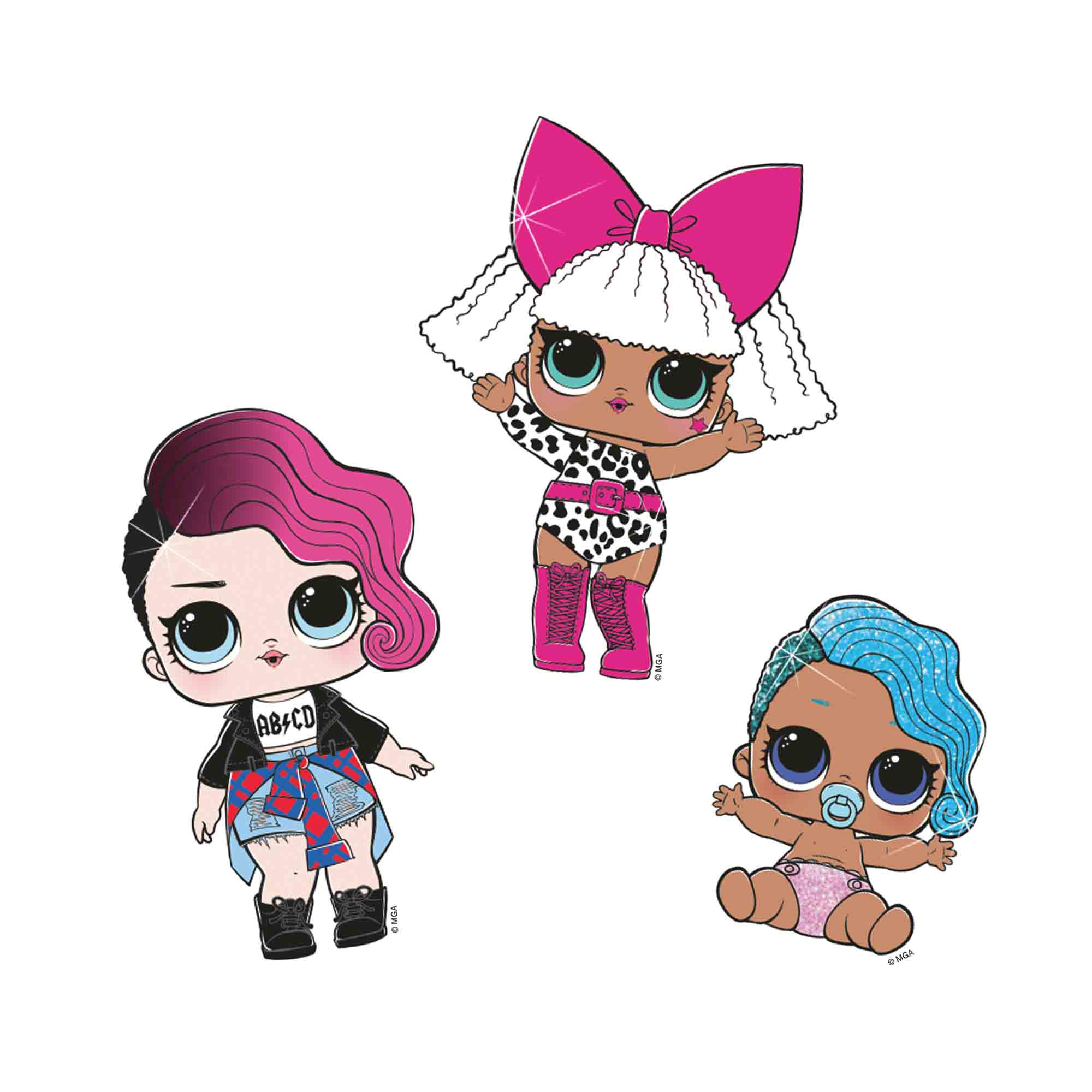 Trzy lalki z kreskówek na białym tle. Jedna z różowymi włosami, jedna z dużą kokardą i jedna z niebieskimi włosami.