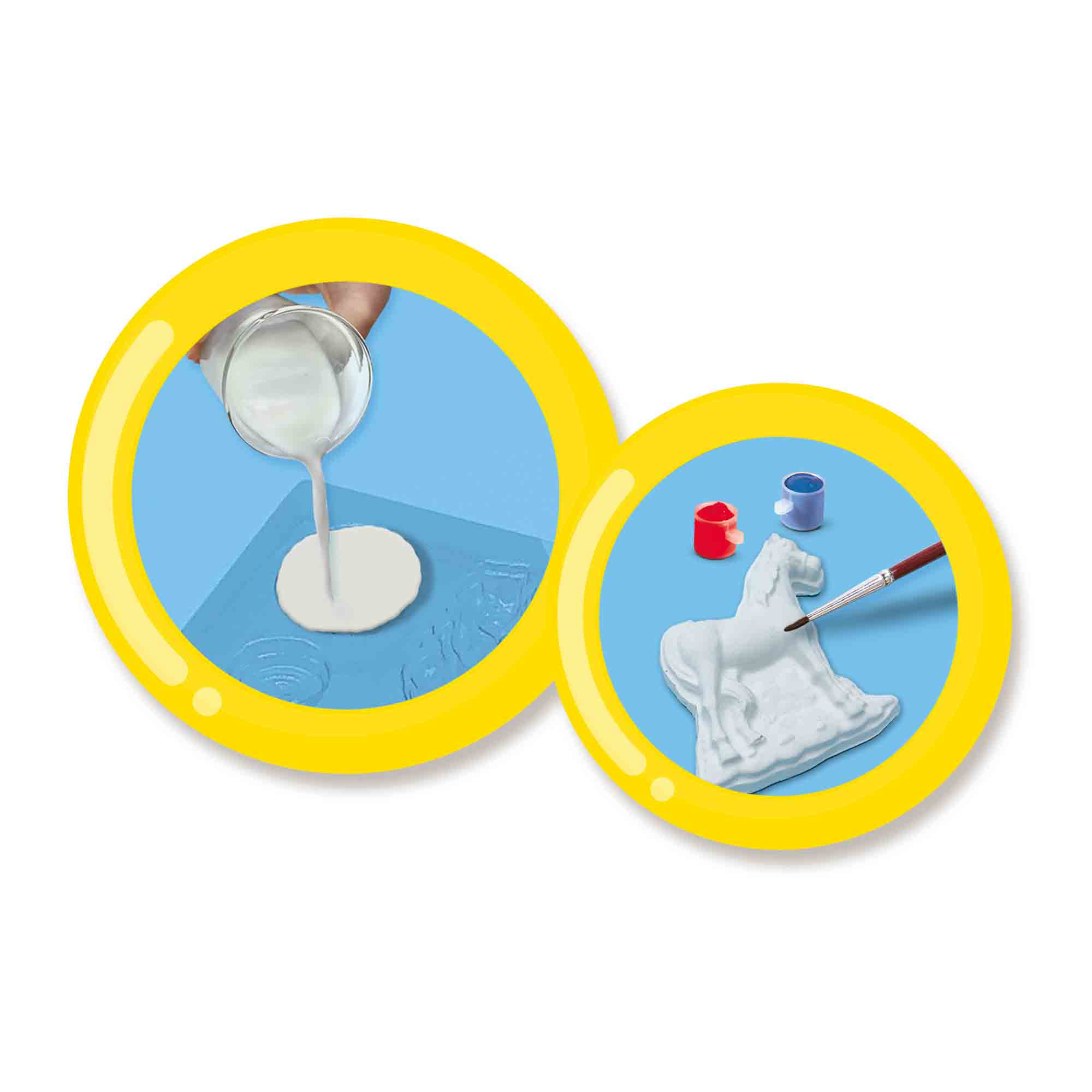 Osoba wylewająca ciecz do formy i pomalowany konik na biegunach na niebieskim tle wewnątrz żółtych kół.