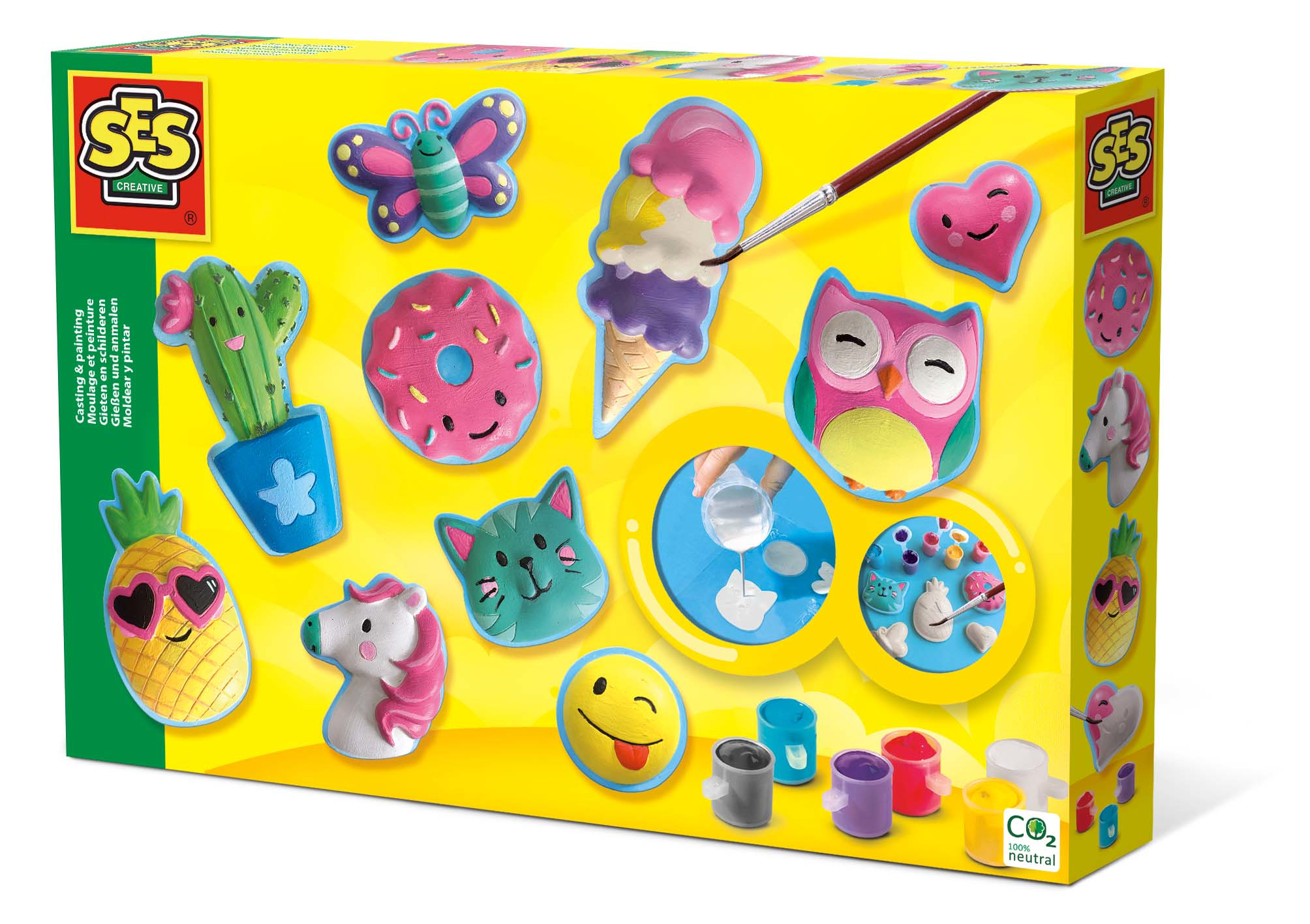 Kolorowe pudełko SES Creative z zestawem do odlewania i malowania o różnych kształtach.