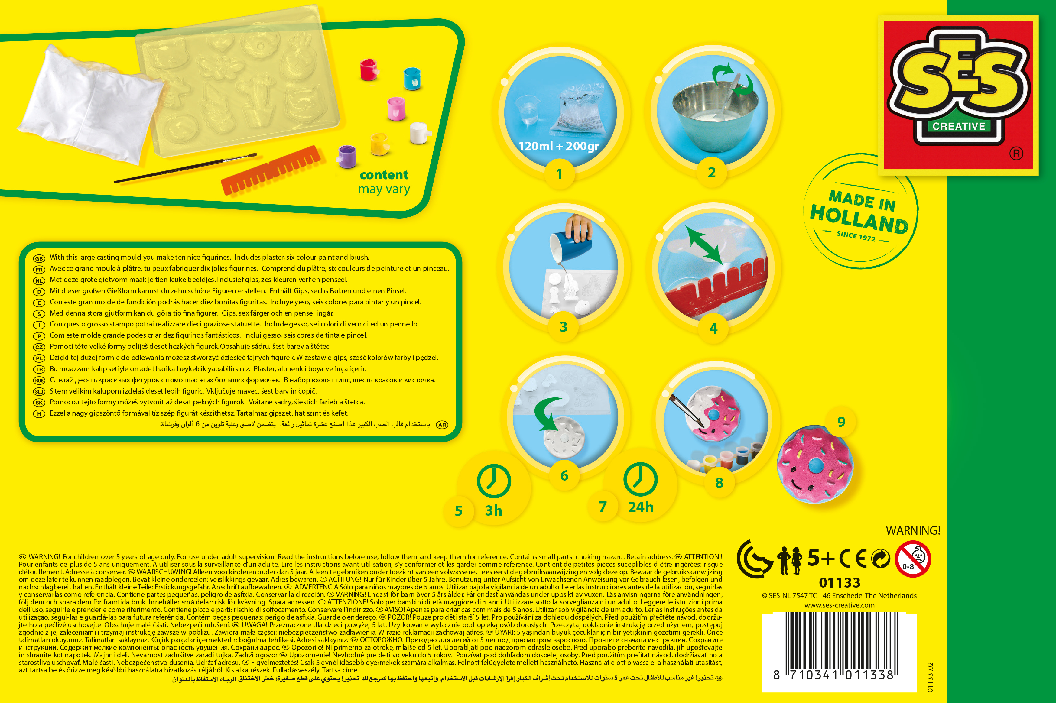 Tył pudełka z zestawem do majsterkowania z różnymi instrukcjami, materiałami i etykietą ostrzegawczą.