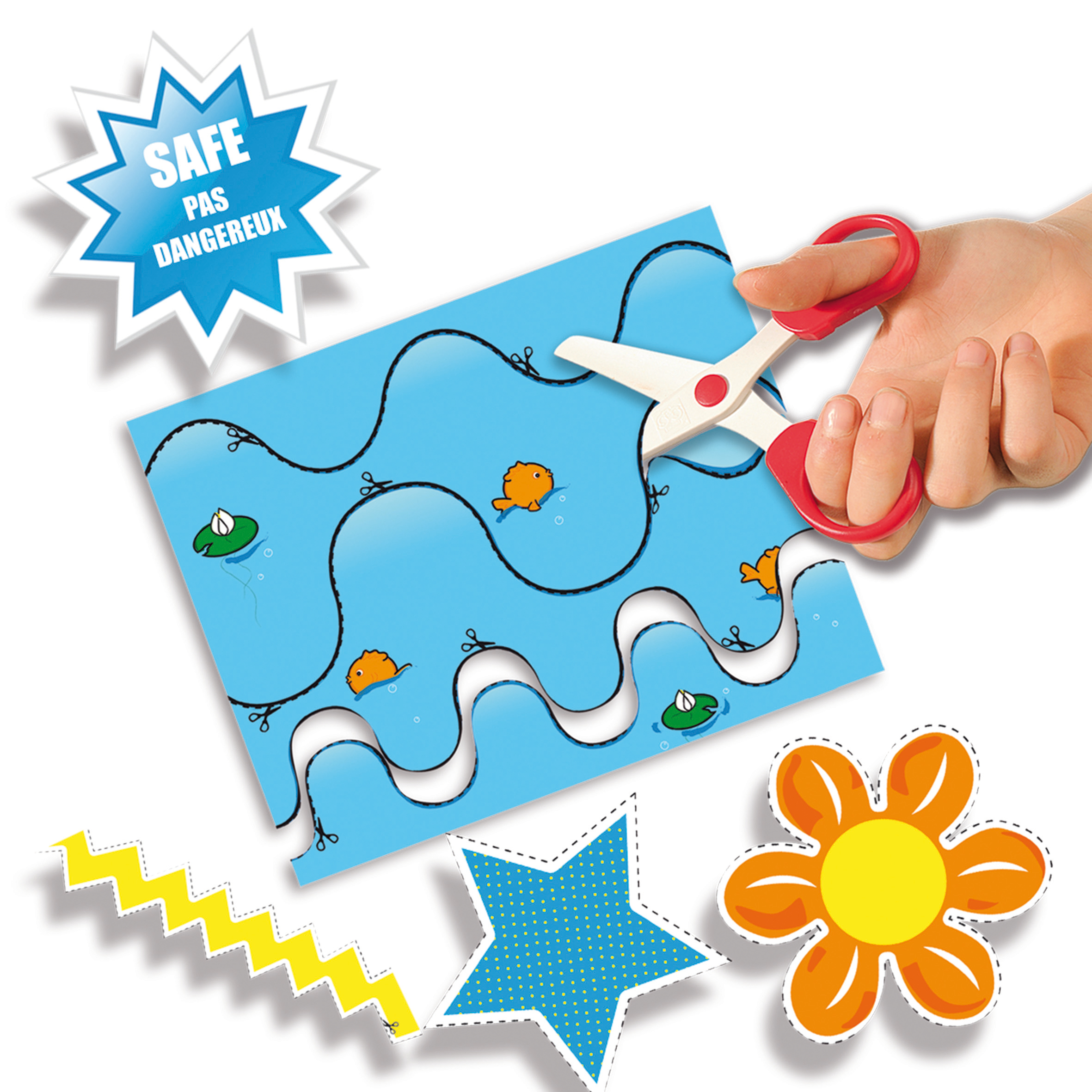 Eine Schere schneidet blaues Papier mit Fisch- und Wellenmotiven. Das Papier hat ein Sicherheitssymbol.