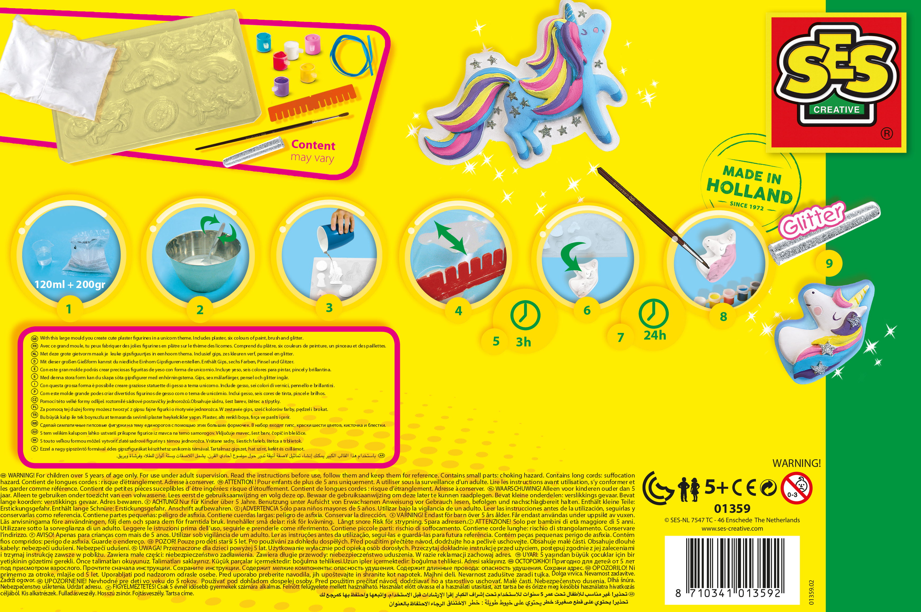 Zestaw rzemieślniczy z motywem jednorożca. Instrukcje i materiały znajdują się na obrazku.