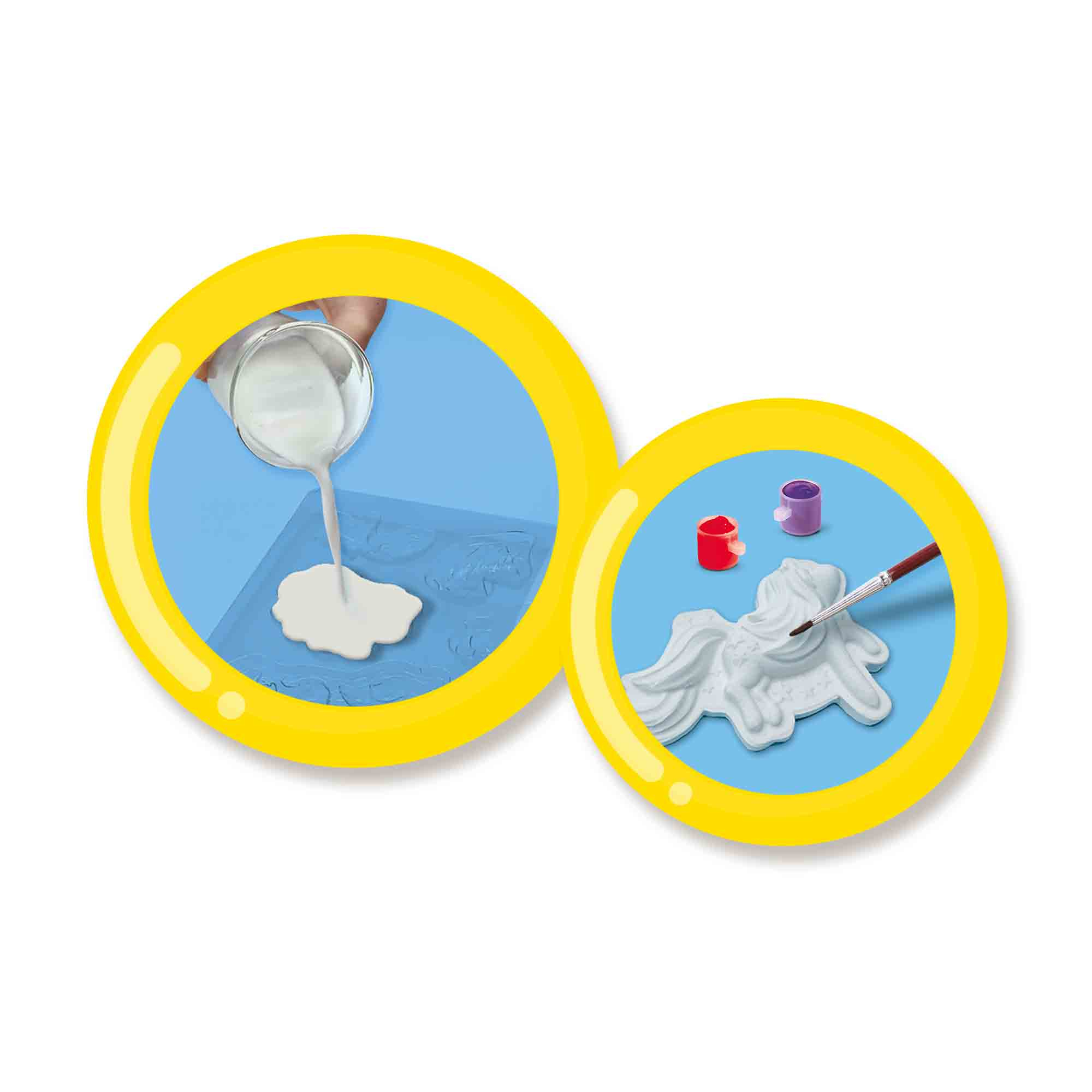 Dwa obrazy pokazujące wylewanie białej cieczy i malowanie jednorożca.