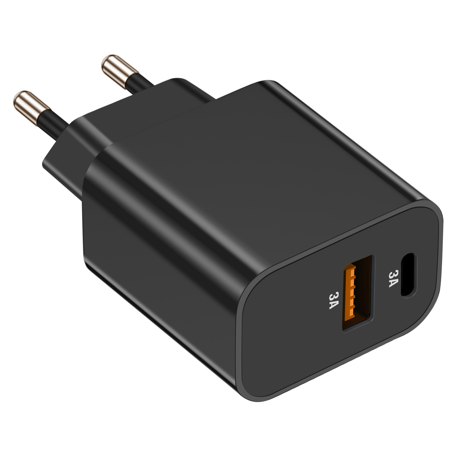 Un caricatore USB nero con una porta USB-C e una porta USB-A.