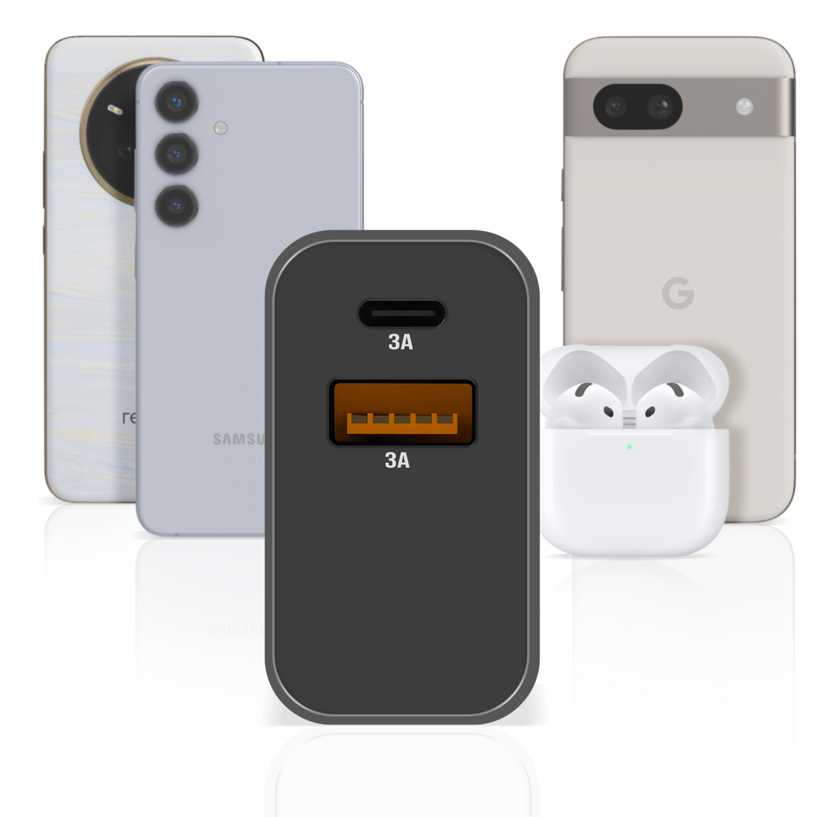 Un caricatore nero con porte USB-C e USB-A, con telefoni e auricolari sullo sfondo.