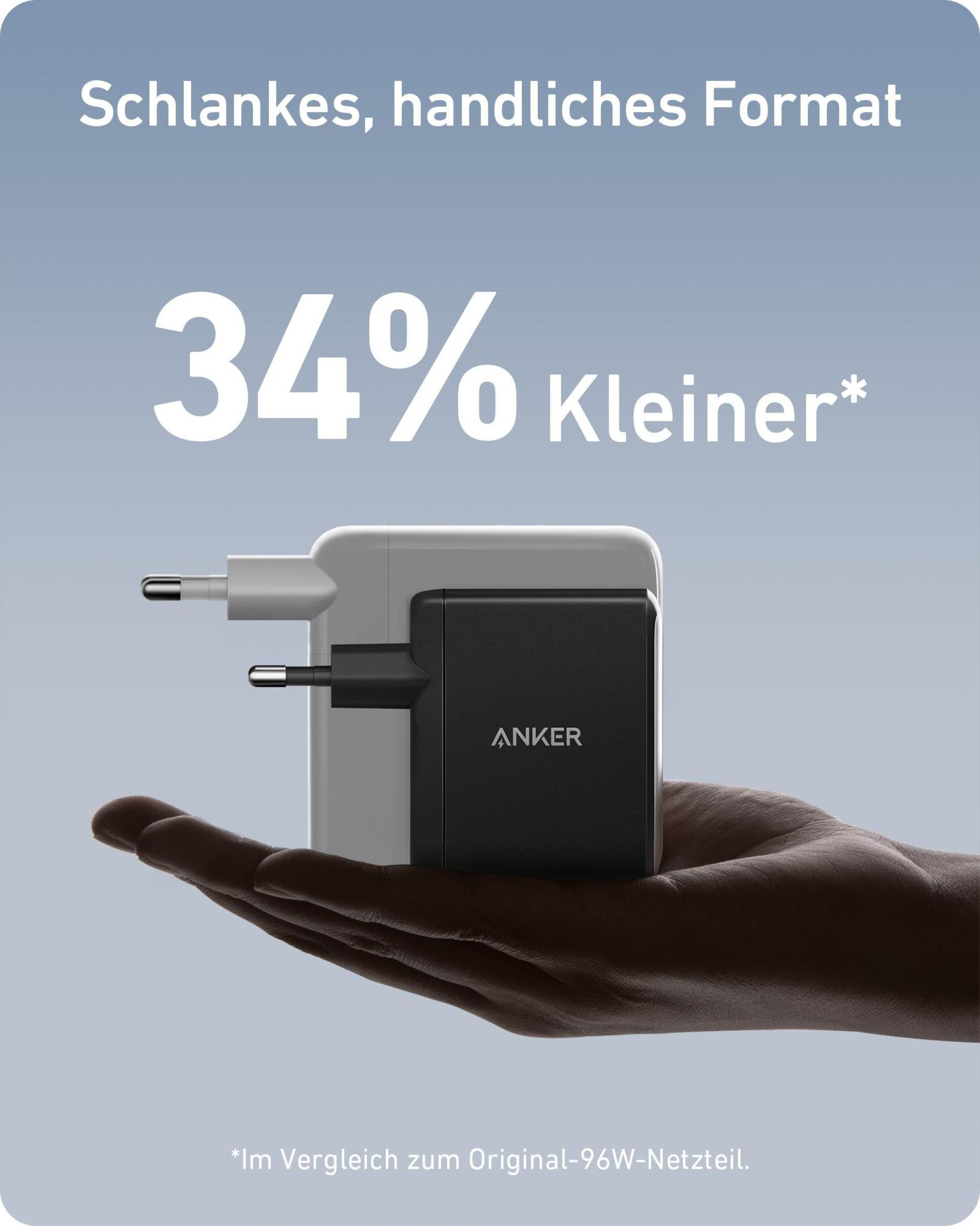 Adaptador de corriente negro en mano. Adaptador blanco detrás. Texto: 34% más pequeño.