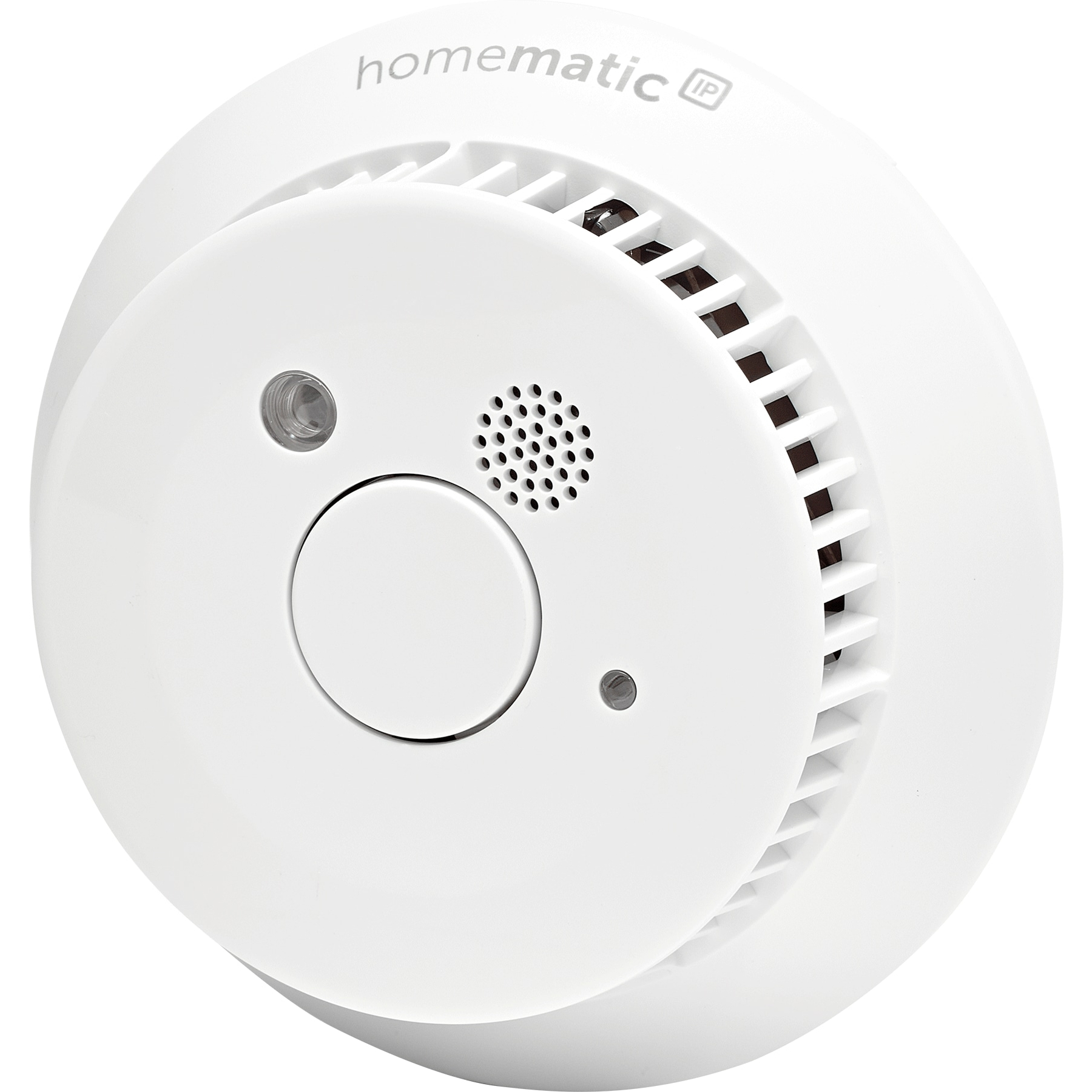 Weißer Homematic IP Rauchmelder, rund, mit Knopf, Lüftungsschlitzen und Lautsprecher.