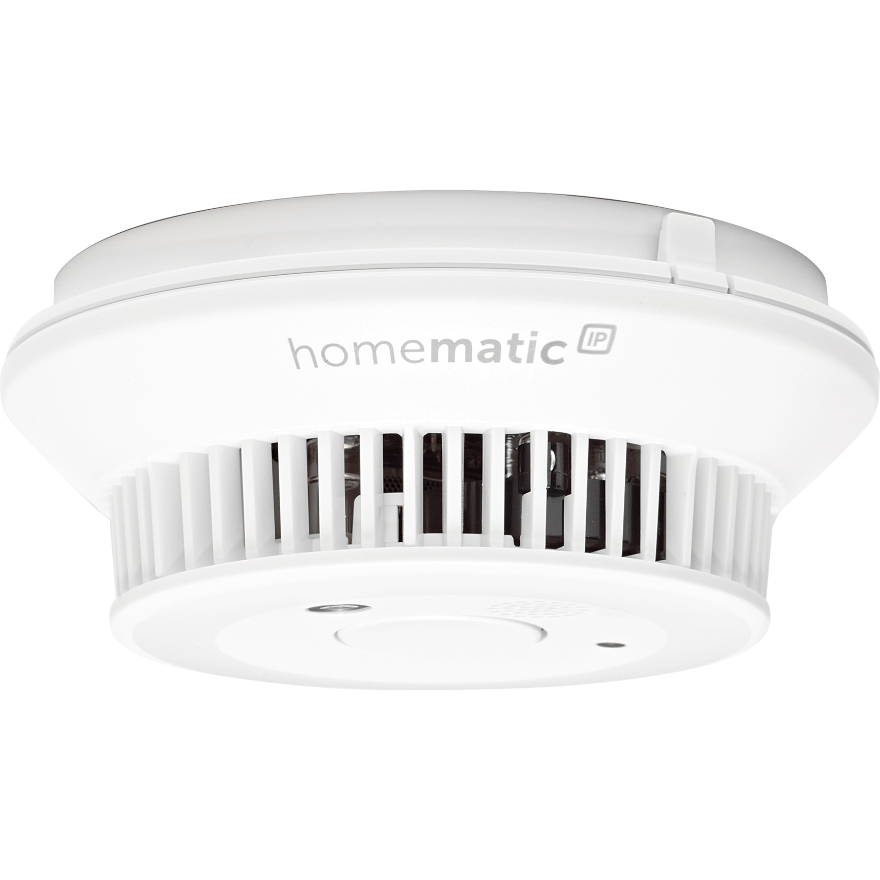 Weißer Rauchmelder mit Homematic IP-Logo, rundes Design, Lüftungsschlitze und Knopf.