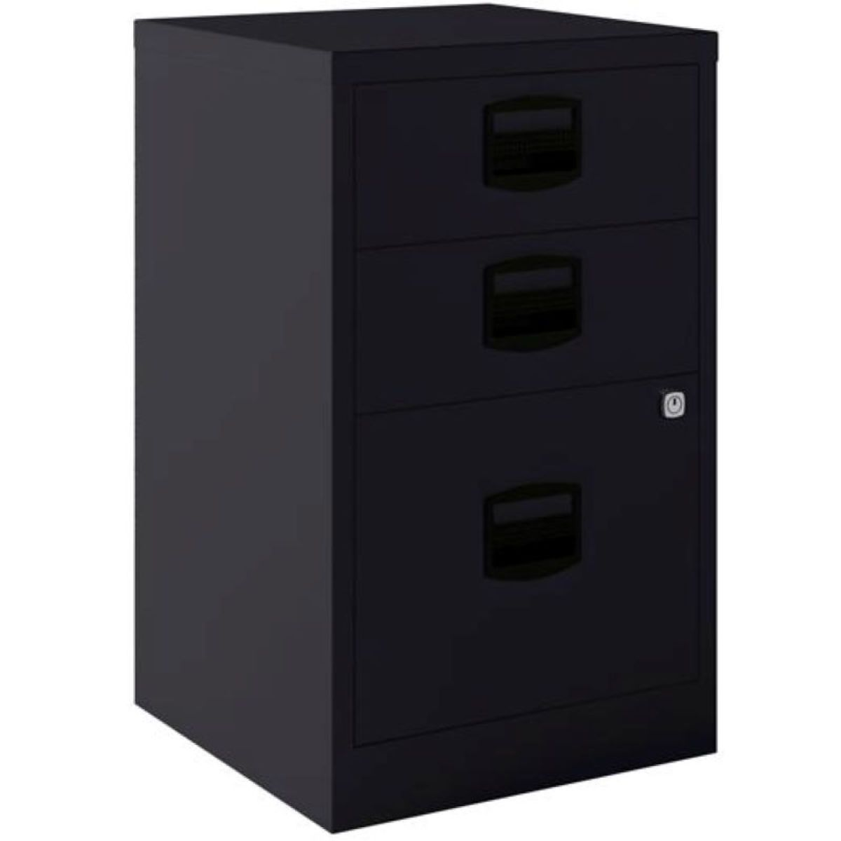 Gabinete de oficina negro con tres cajones y manijas.