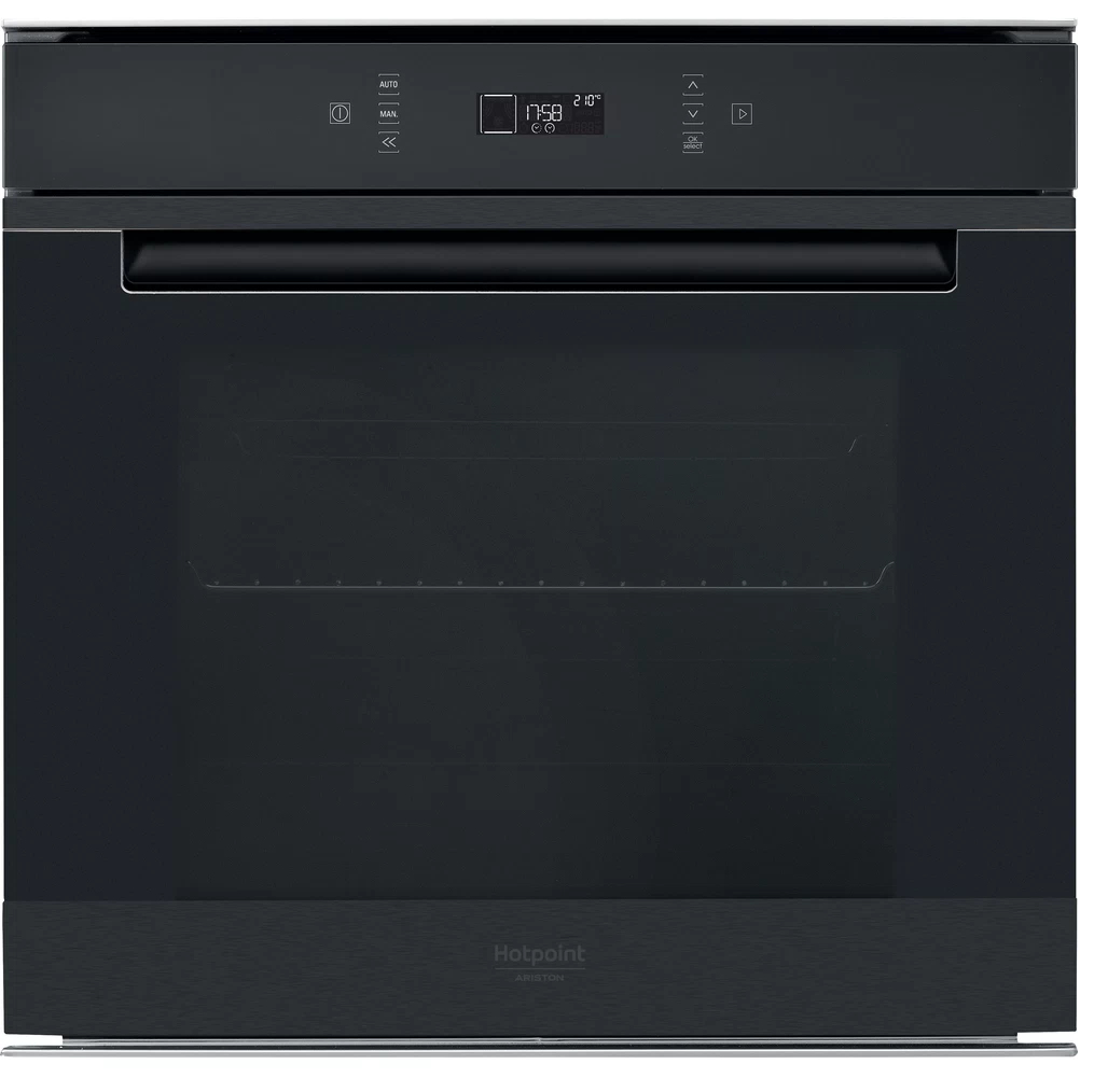 Forno nero a incasso con display digitale e logo Hotpoint. Porta chiusa.