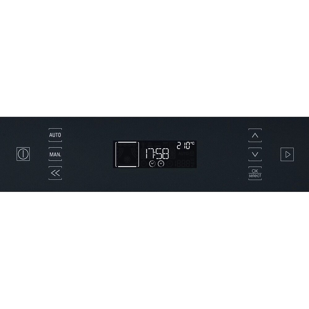 Primo piano di un pannello di controllo del forno nero con display digitale.