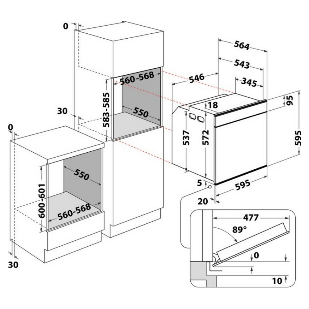 Schema di un forno e mobile ad incasso, con dimensioni e angoli.