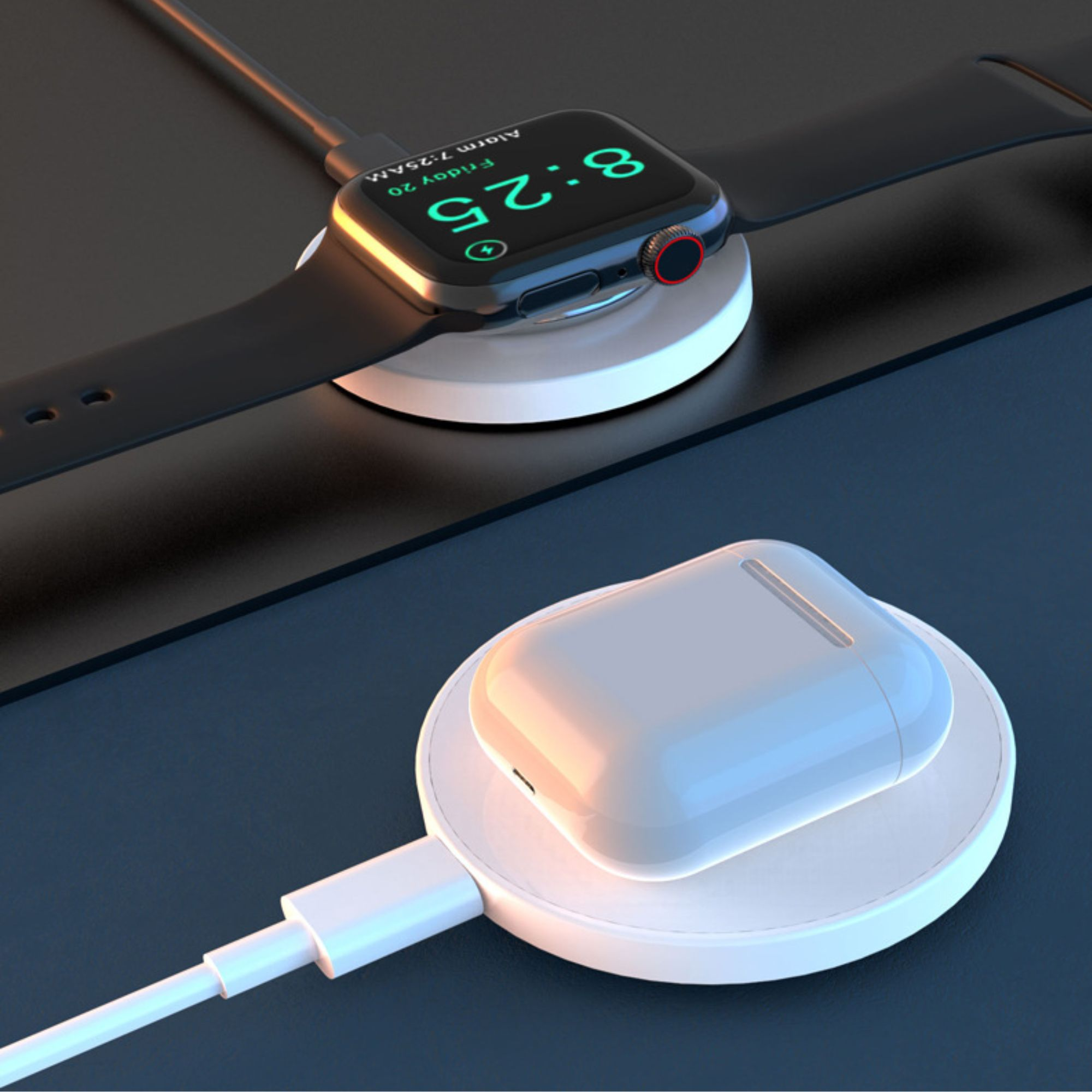 Base de carga blanca con un Apple Watch negro y una funda de AirPods.