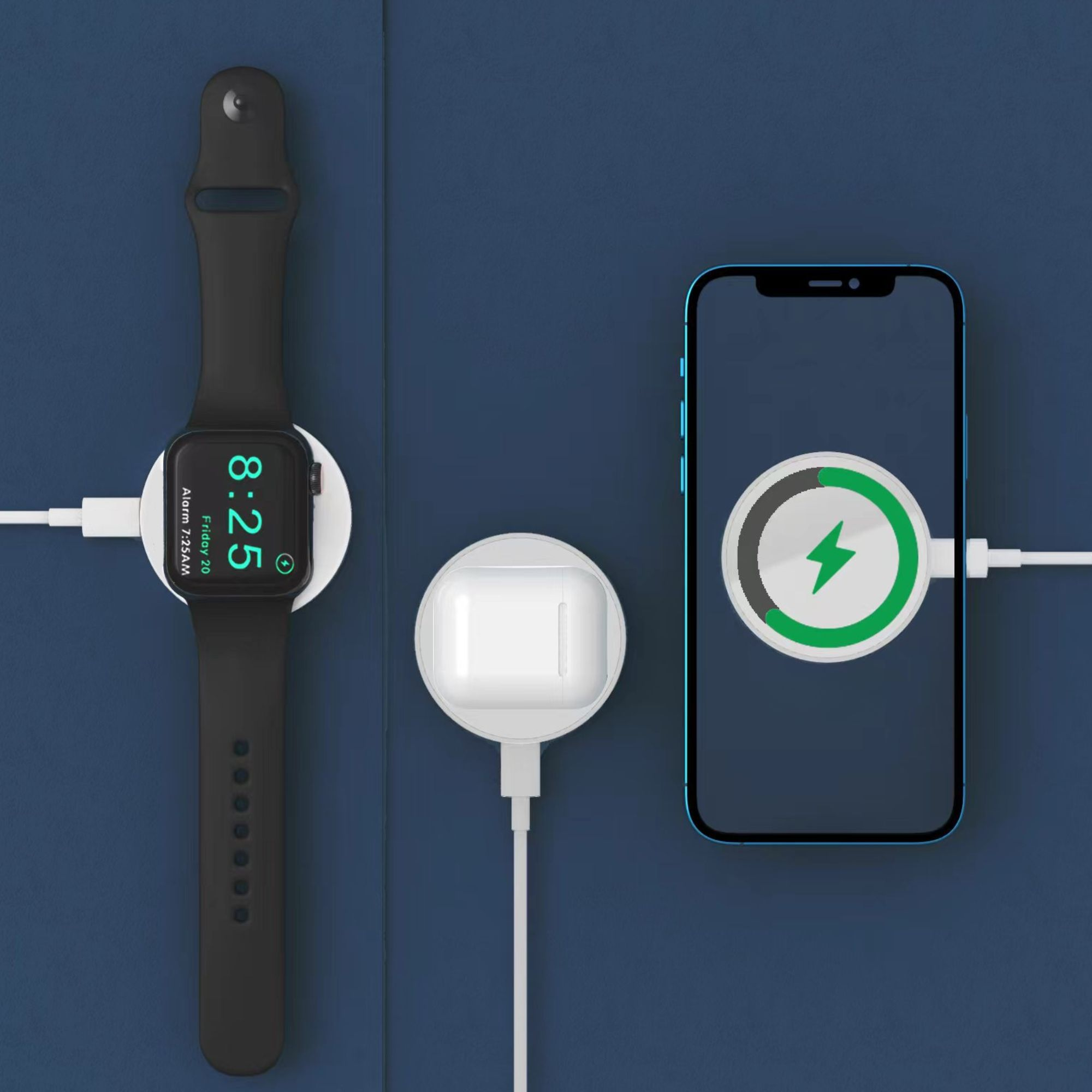 Smartwatch negra, almohadilla de carga blanca con auriculares y carga de teléfono en azul.