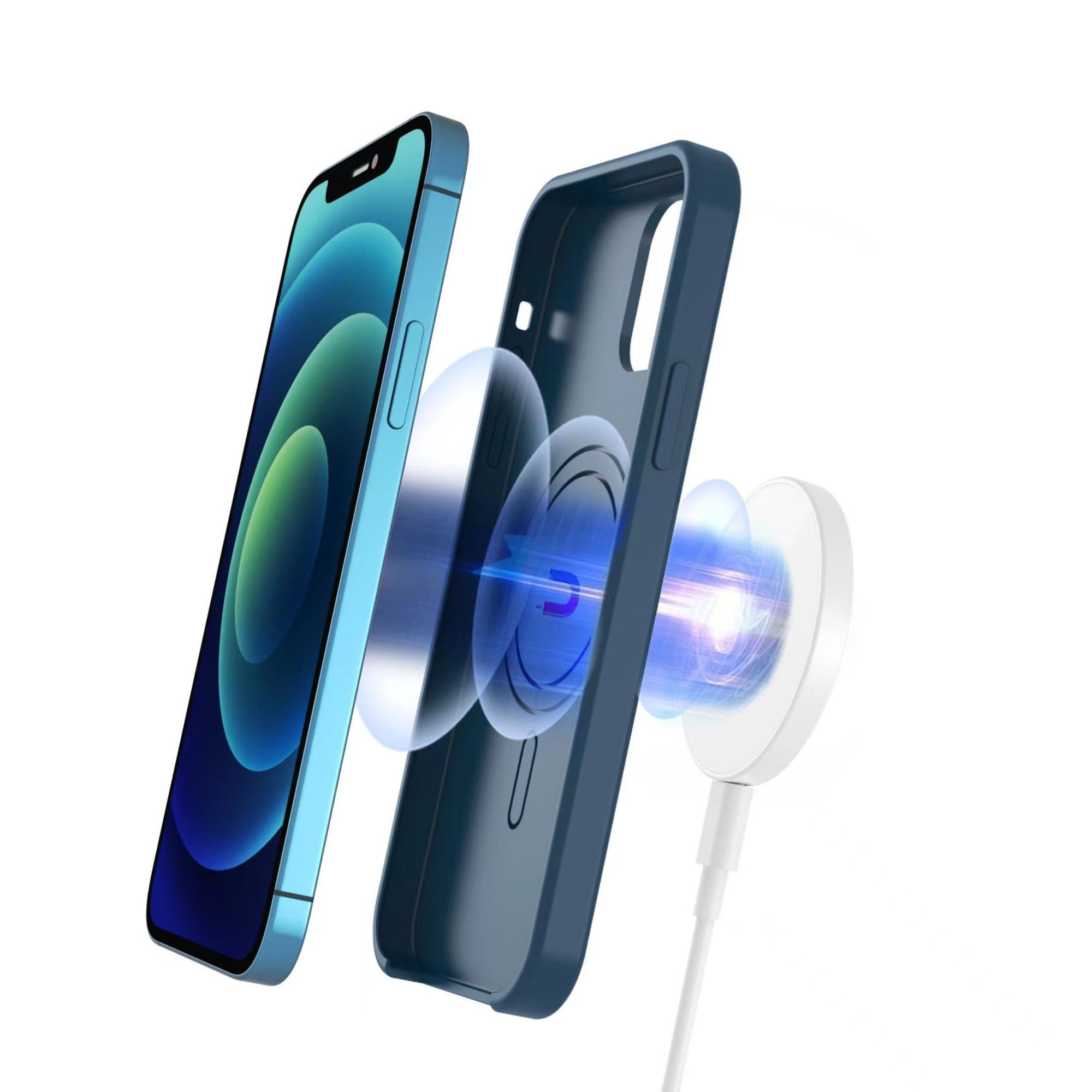 Un teléfono azul, una funda y un cargador inalámbrico blanco con luz azul.