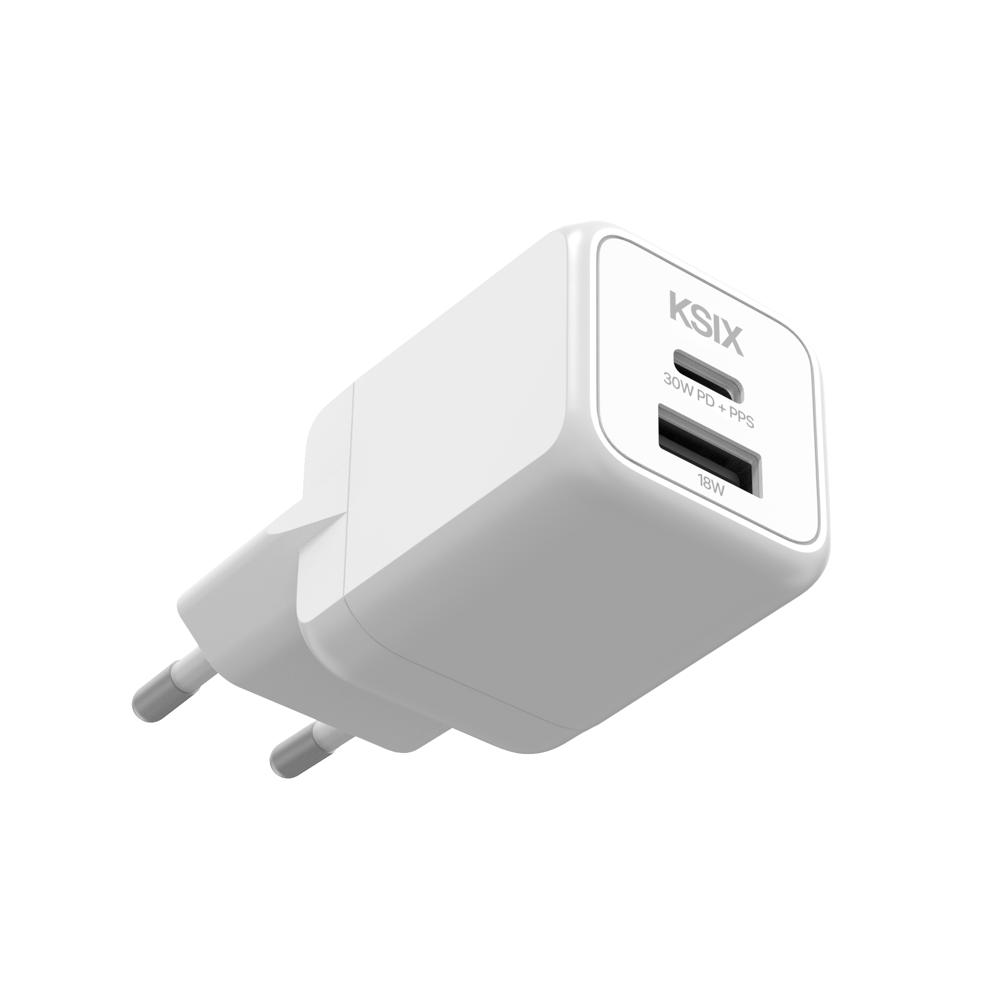 Cargador KSIX blanco con un puerto USB y enchufe sobre fondo blanco.