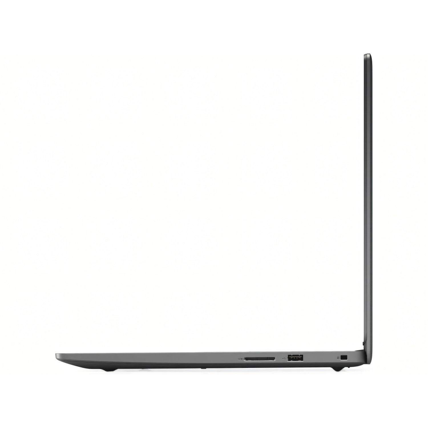 Vista lateral de una laptop gris. La pantalla está cerrada y los puertos laterales son visibles.