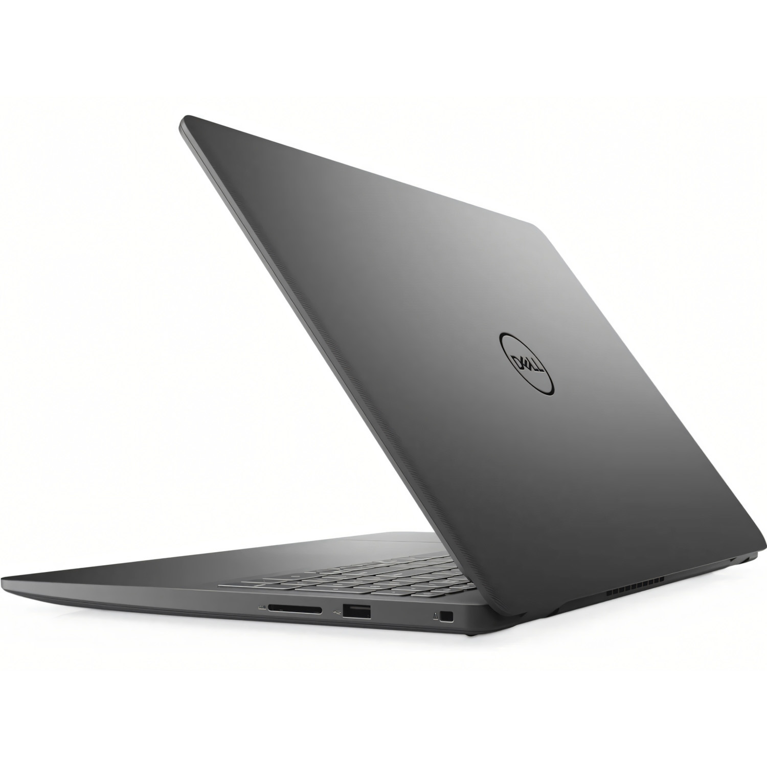 Laptop negro, vista trasera. Muestra el logo DELL y la pantalla abierta.