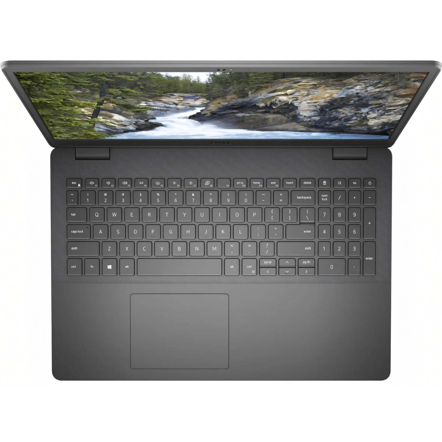 Vista superior de una laptop negra. La pantalla muestra una imagen de paisaje.