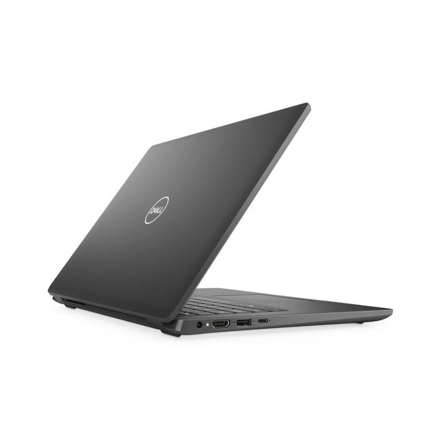 Una laptop gris con la tapa ligeramente abierta, mostrando el logotipo de Dell.