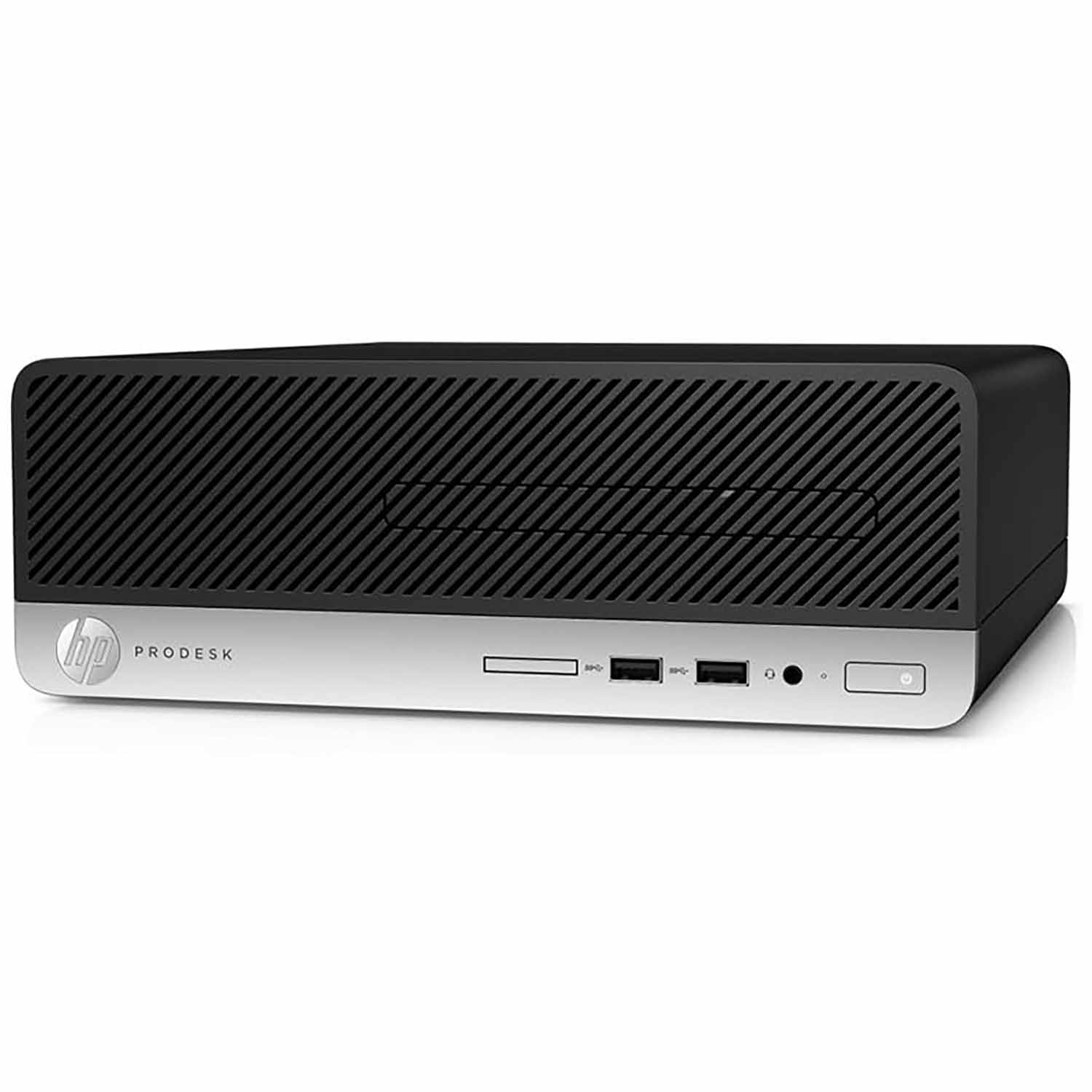 Ordenador de sobremesa HP ProDesk negro y plateado. Tiene un panel frontal con puertos.