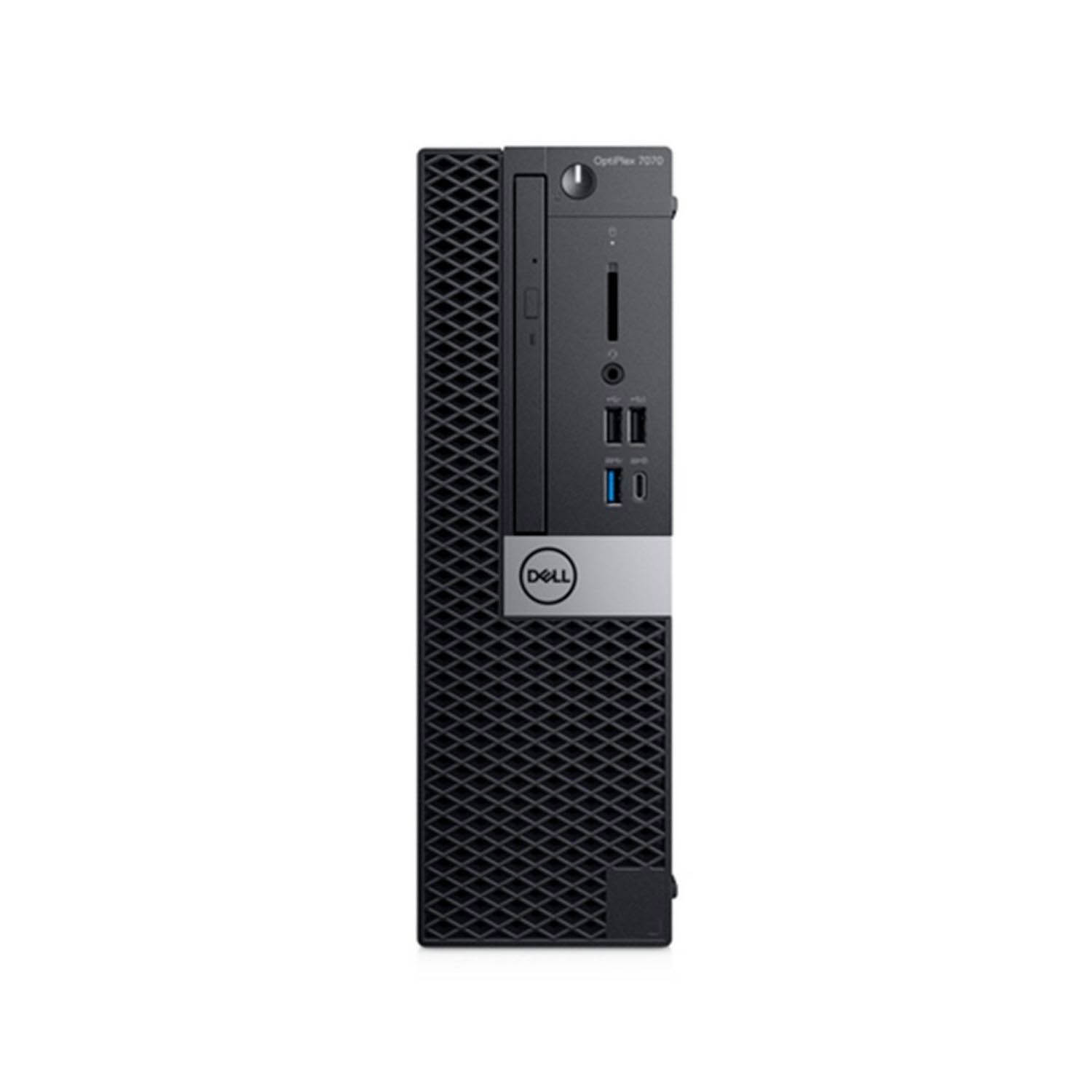 Ordenador de sobremesa Dell OptiPlex 7070. Es negro con una franja plateada. Logo Dell visible.