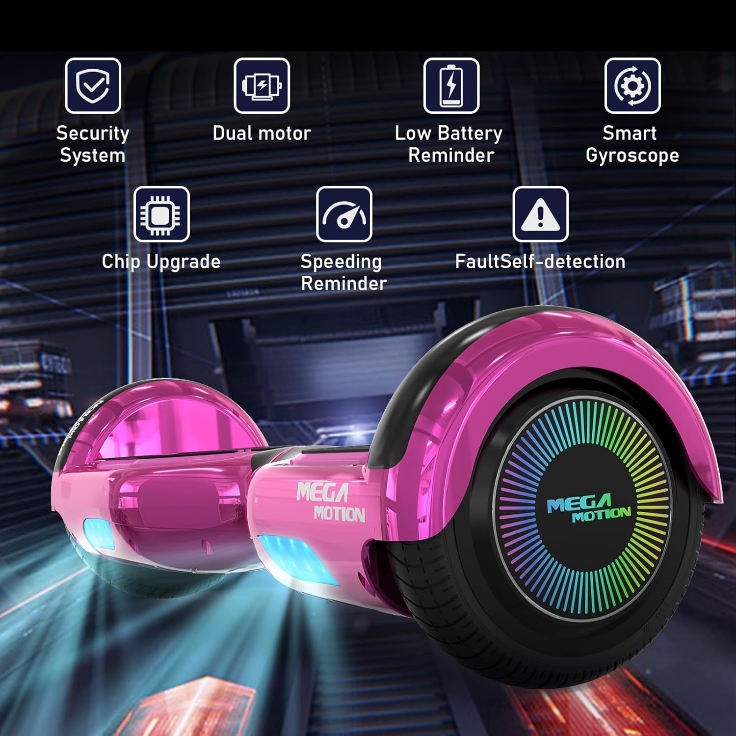 Różowa deskorolka elektryczna z ikonami i światłami. Ma czarną oponę. Widoczna jest marka MEGA MOTION.