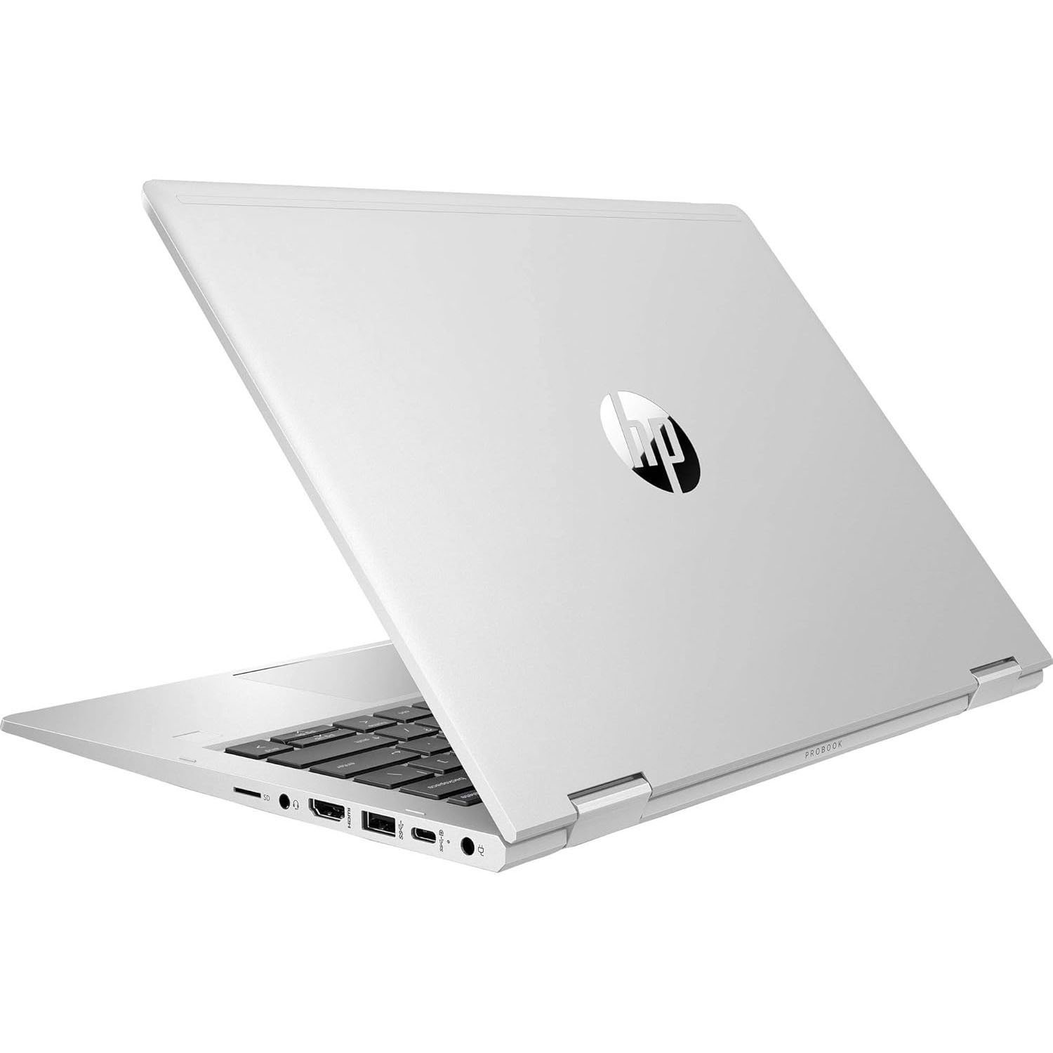 Portátil HP plateado, vista en ángulo, parcialmente abierto, con el logotipo de HP en la tapa.