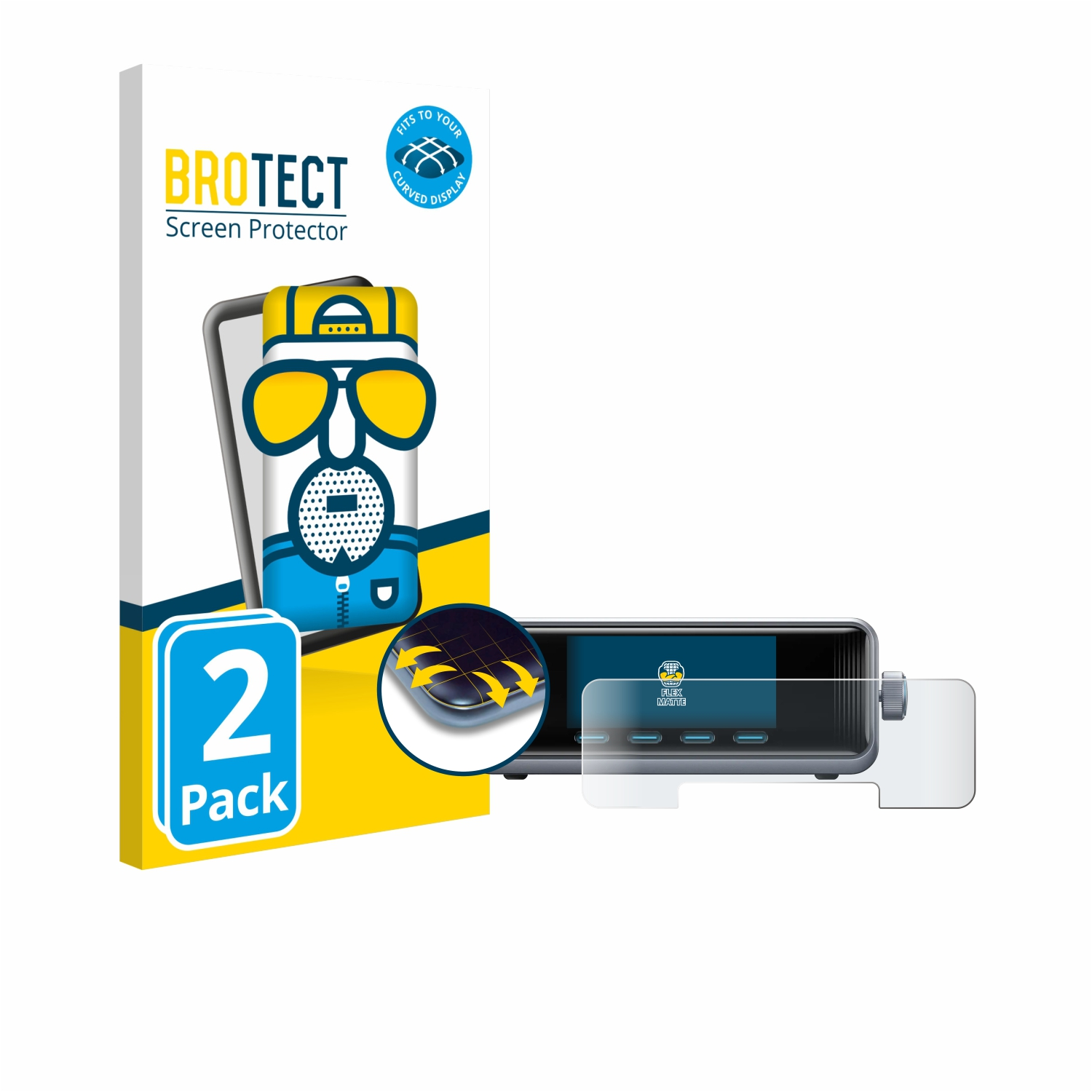 Gebogenes Display mit Displayschutz und eine weiße Box mit Logo links.