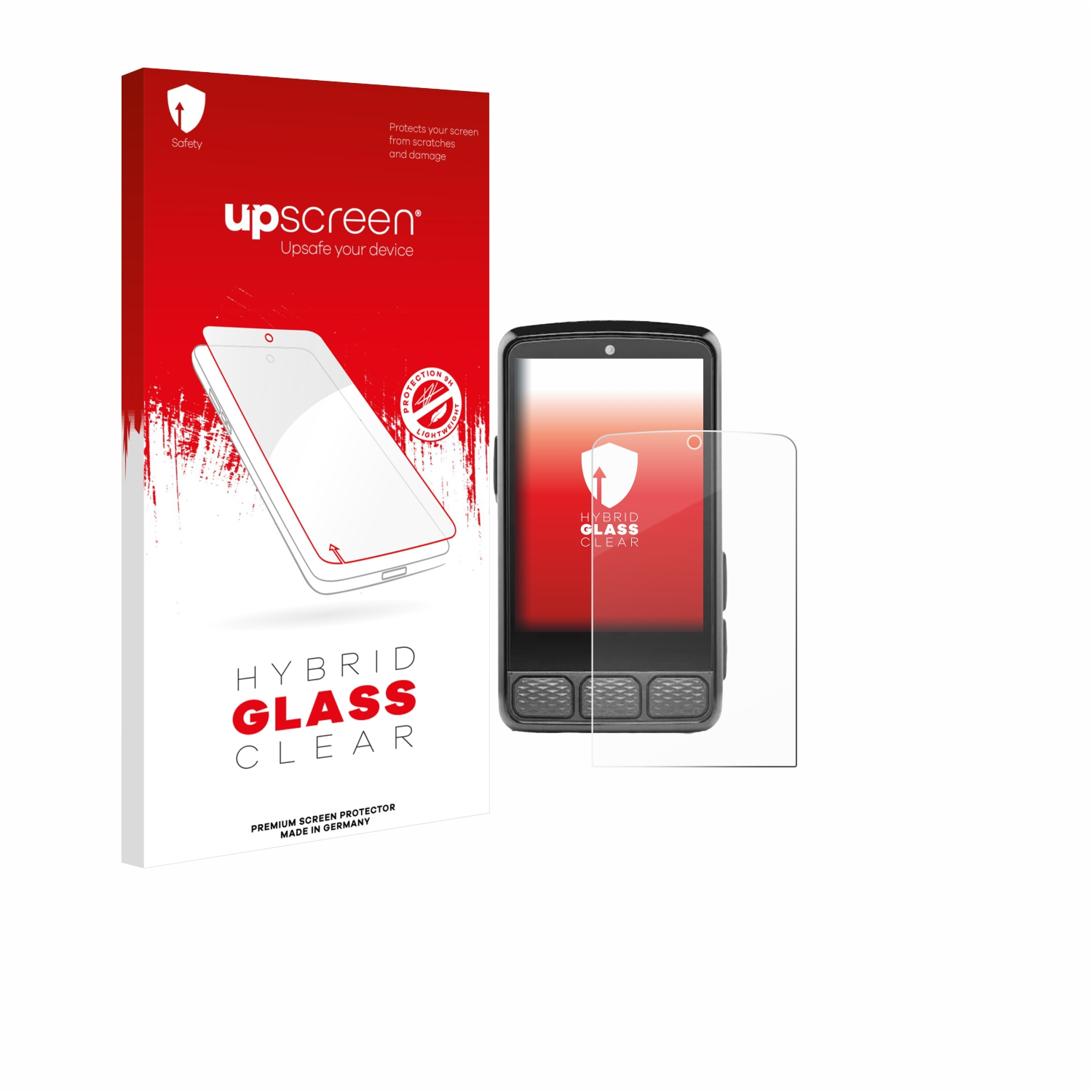 Eine Displayschutzfolienbox mit Telefon und Displayschutzfolie. Weißer Hintergrund.