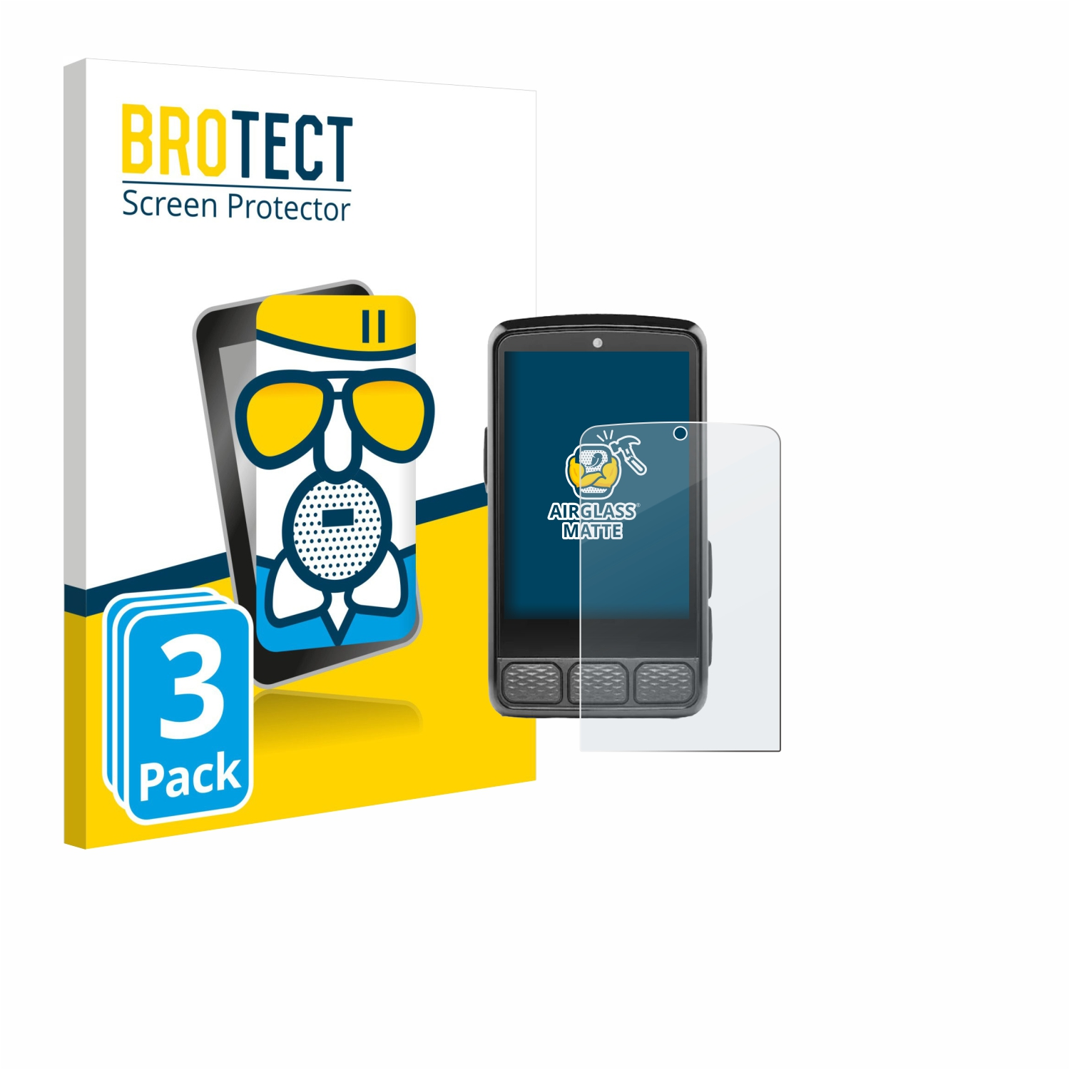 Displayschutzfolien-Packung. Gerät mit Displayschutzfolie. Box mit Minion-Grafik. Weißer Hintergrund.