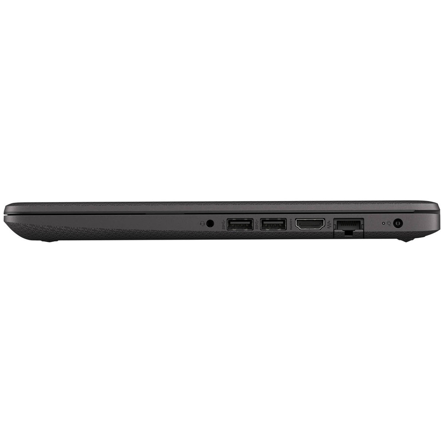 Vista lateral de un portátil negro con puertos. Muestra USB, HDMI y puertos de carga.