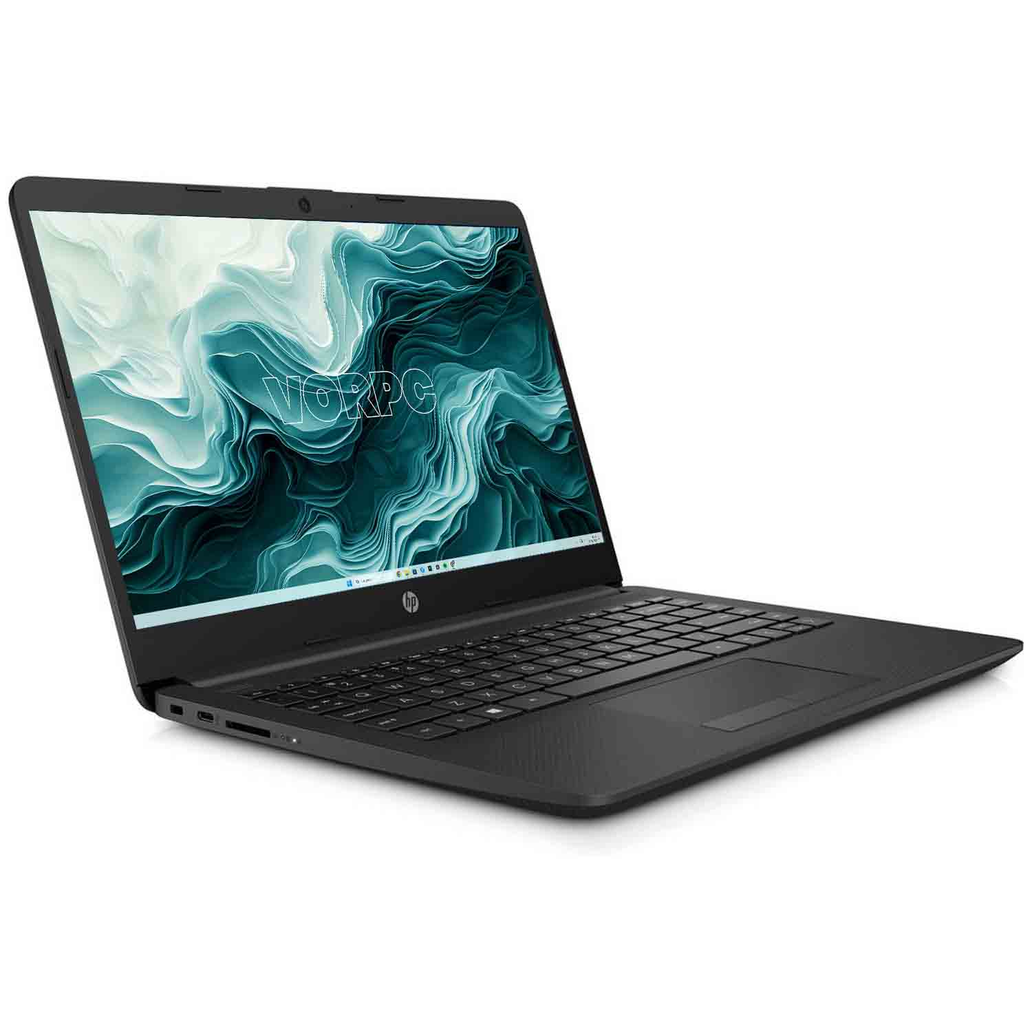 Ordenador portátil negro que muestra un diseño abstracto en la pantalla. La marca es 'HP'.
