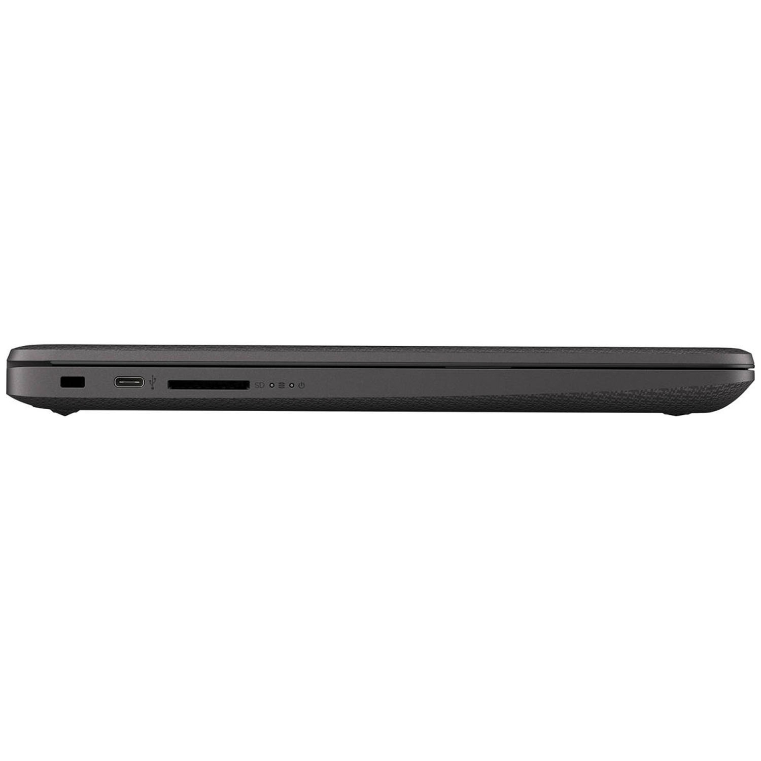 Vista lateral de un portátil negro con puertos. Muestra USB, ranura para tarjeta SD y puerto de carga.