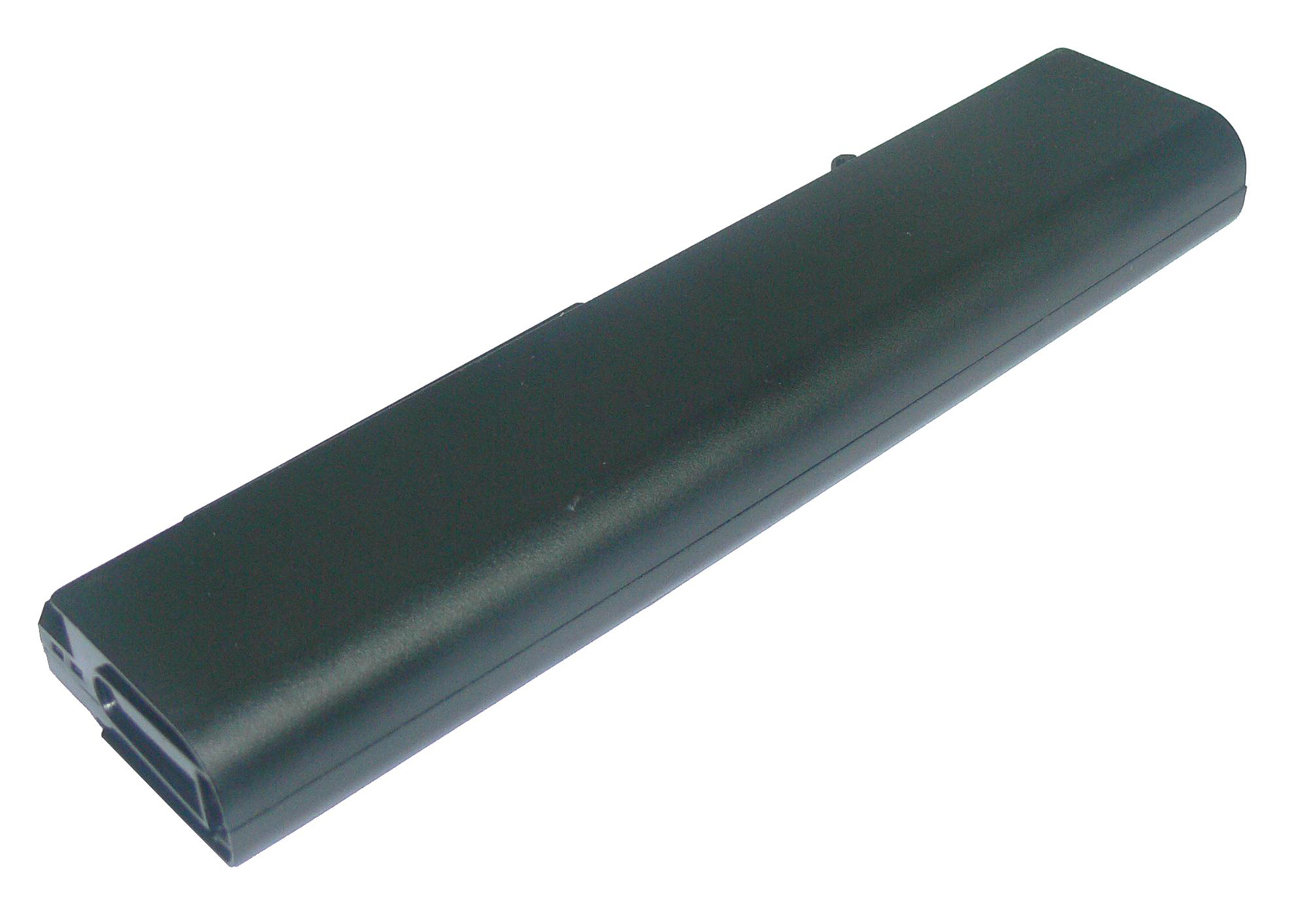 Schwarzer Laptop-Akku. Die Batterie hat eine dunkle Rechteckform mit einem Anschluss.