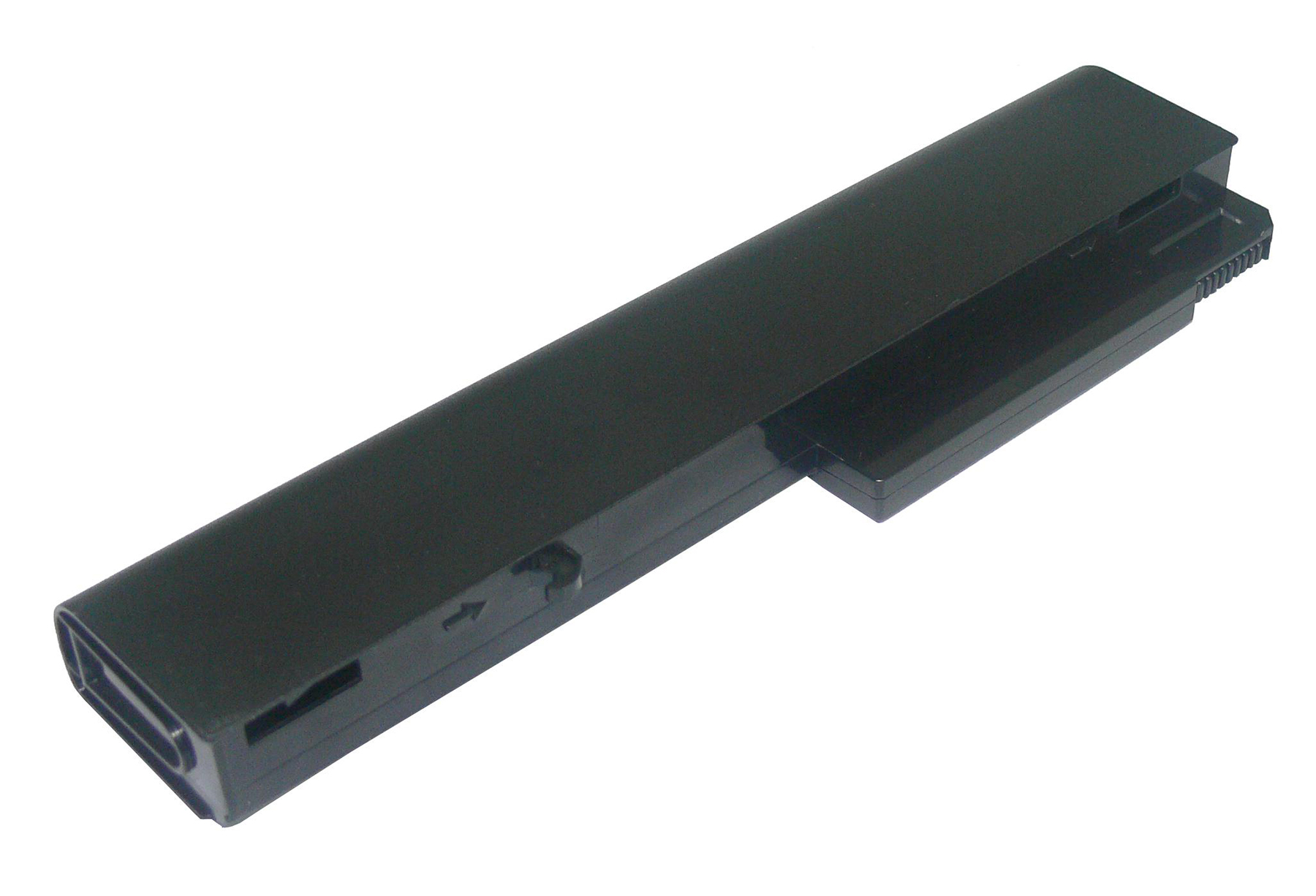 Schwarzer Laptop-Akku. Die Batterie hat eine rechteckige Form mit Anschlussstiften.