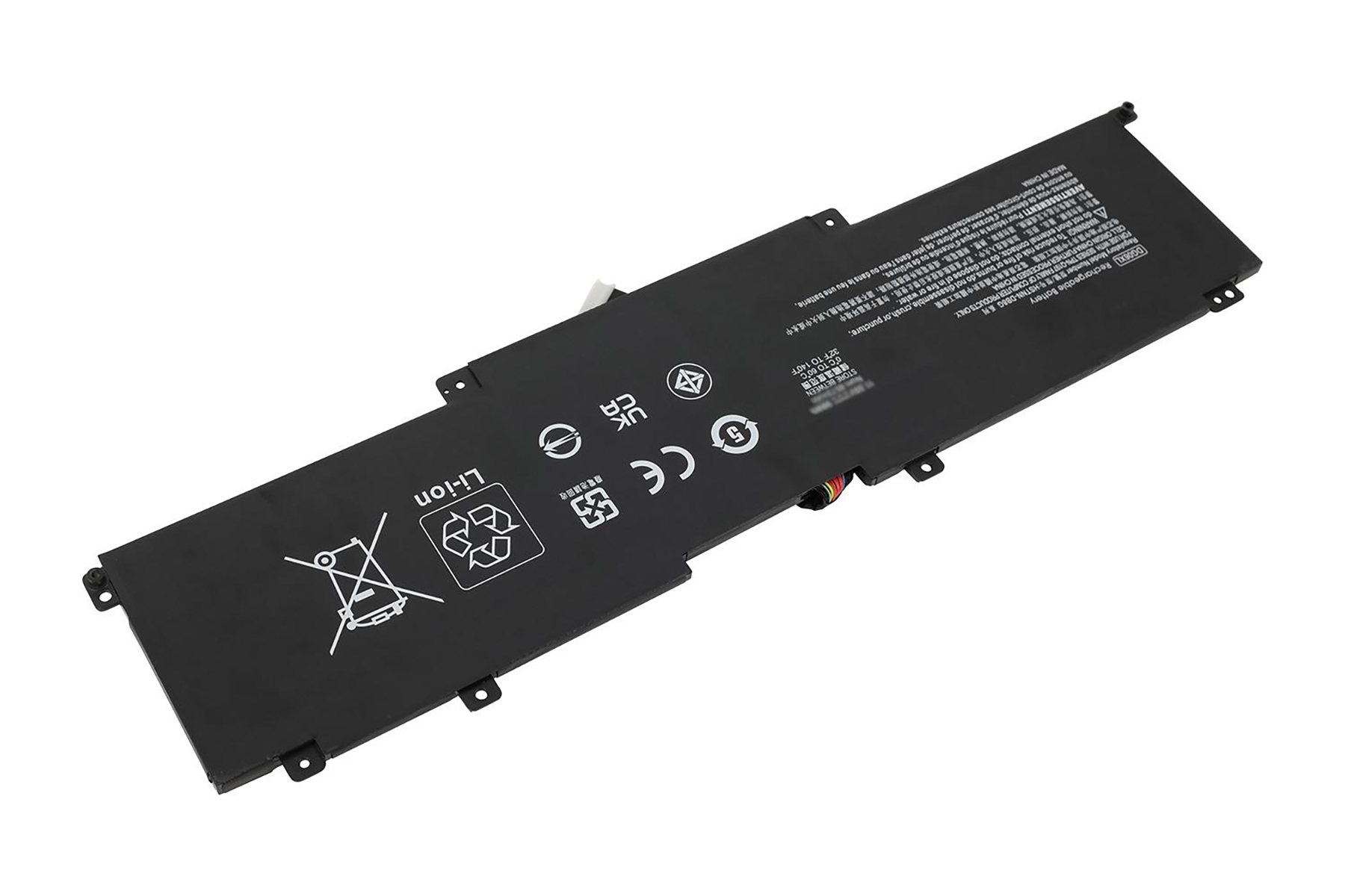 Ein schwarzer Laptop-Akku auf weißem Hintergrund, mit Text und Logos und einem Recycling-Symbol.