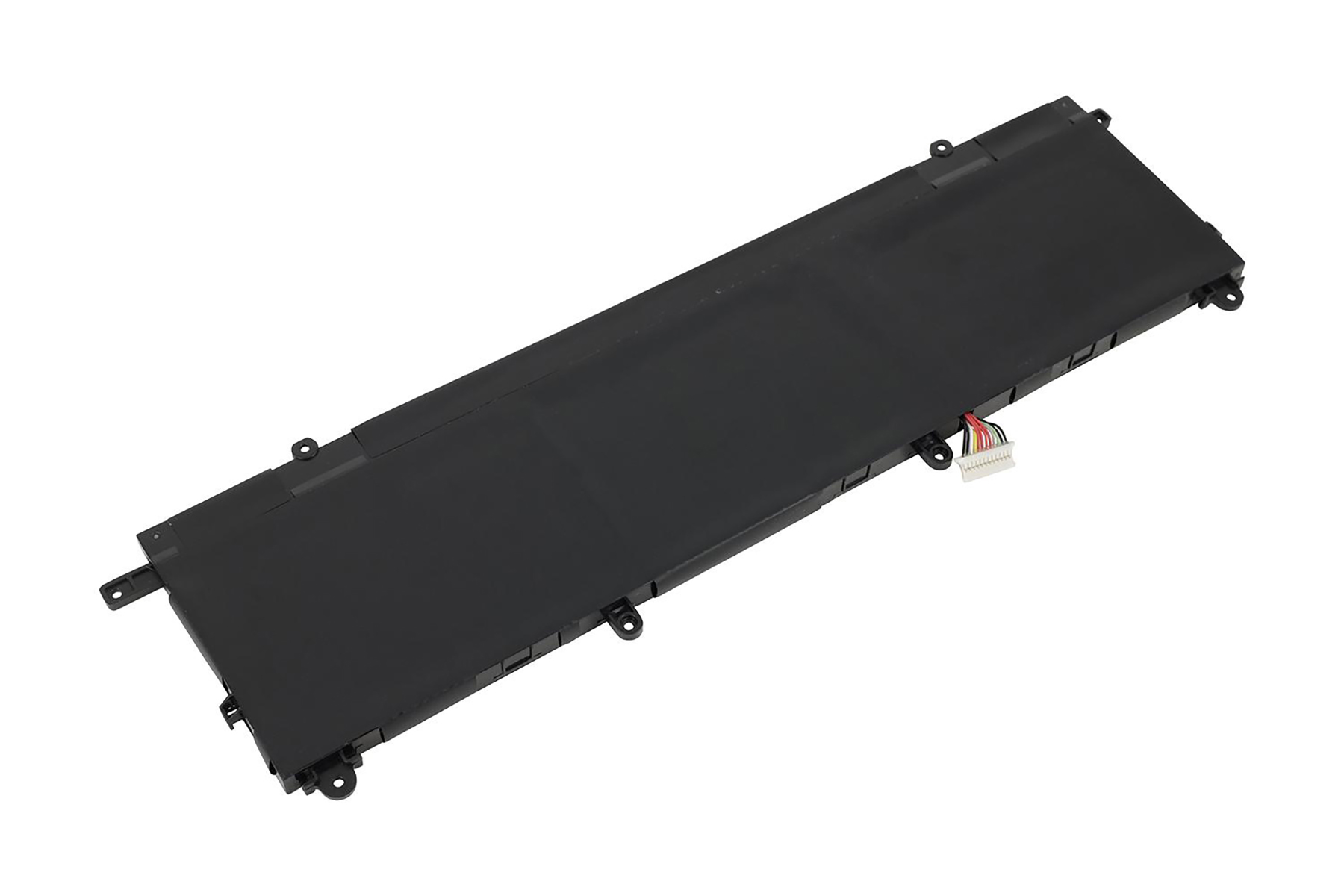 Schwarzer Laptop-Akku mit Anschlusskabel. Die Batterie ist rechteckig und auf Weiß isoliert.