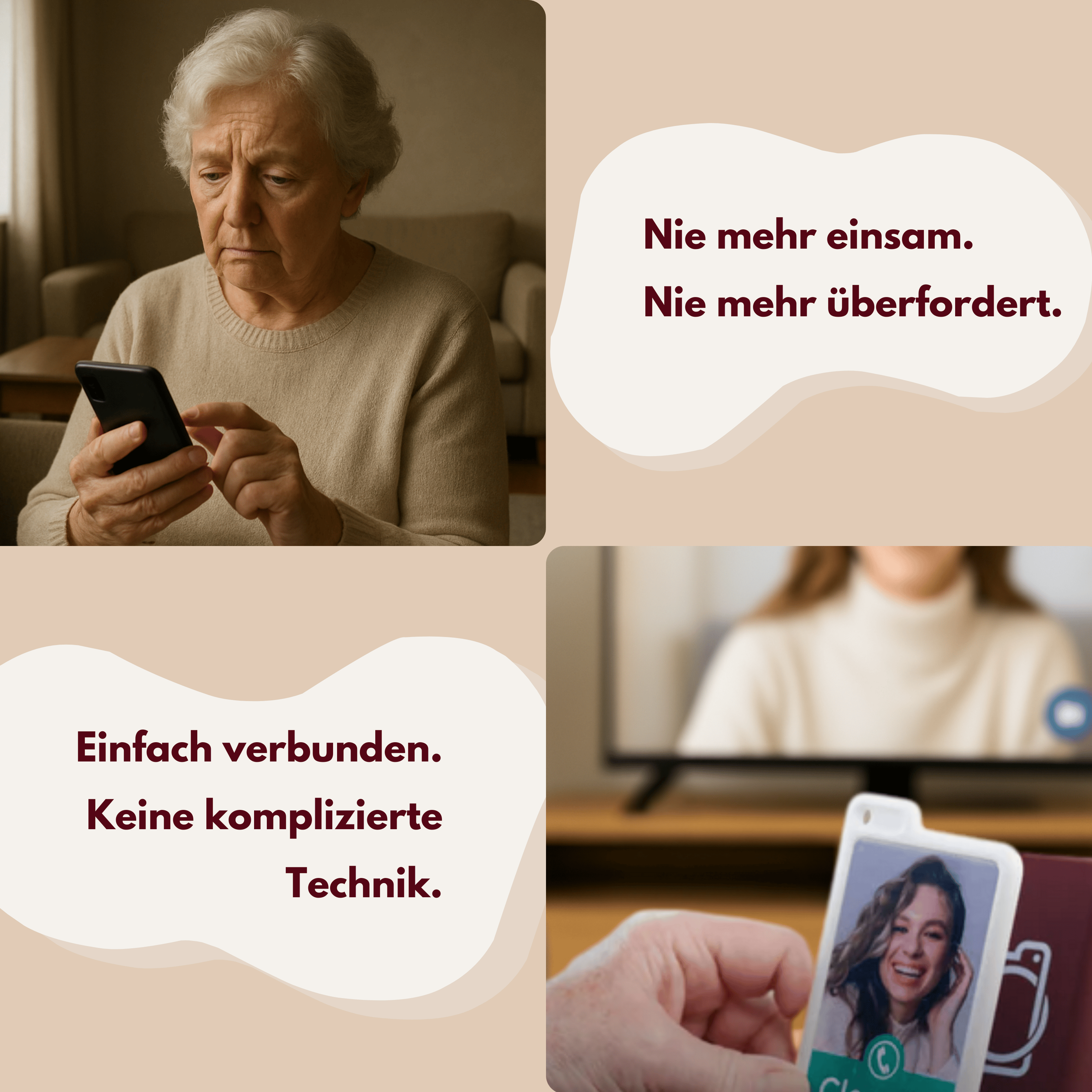 Bildcollage. Eine ältere Frau benutzt ein Telefon und ein Bild einer Person auf einem Bildschirm.
