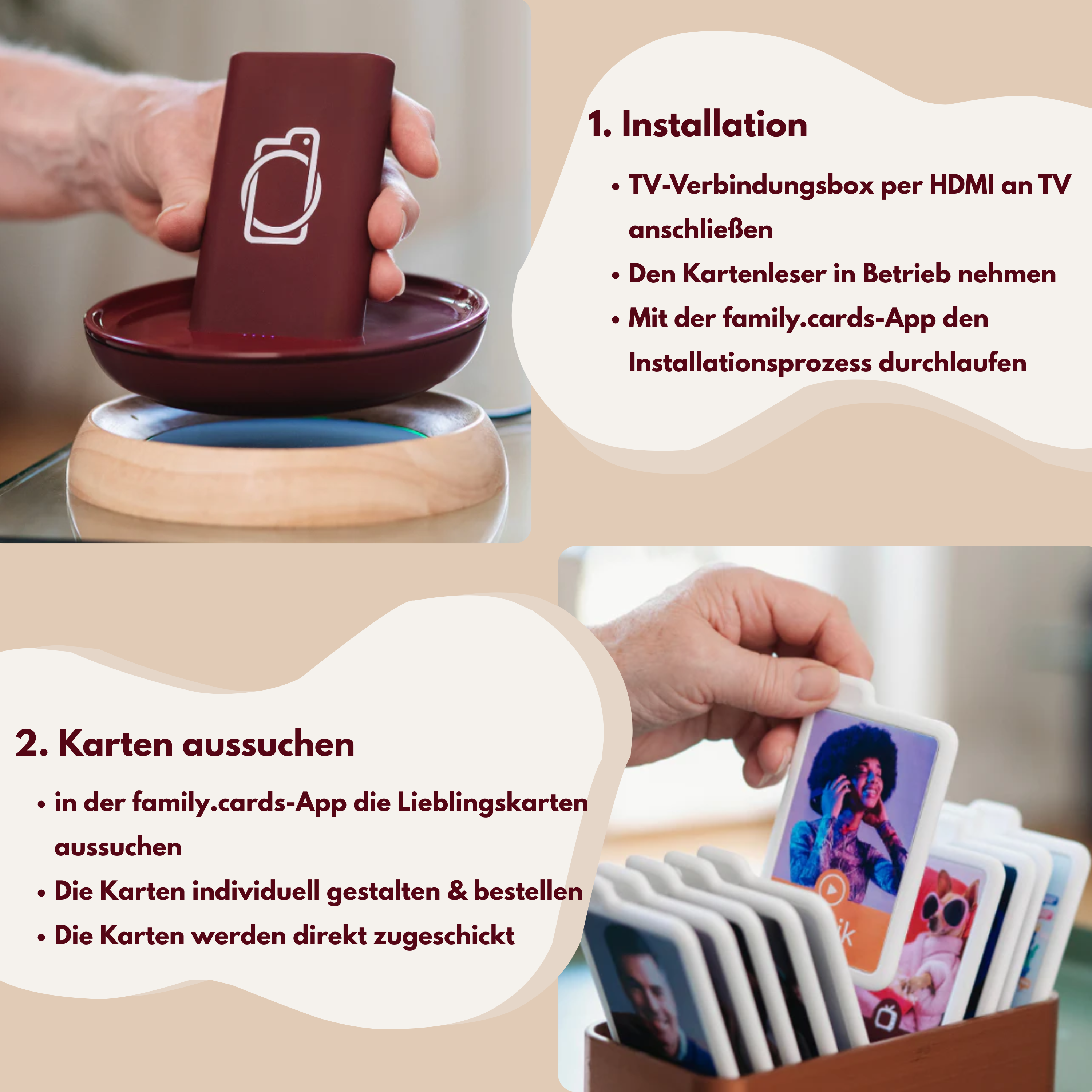 Hände einer Person, die mit einem Smartgerät und Karten interagieren, mit Anweisungen, Einrichtung und Kartenauswahl.