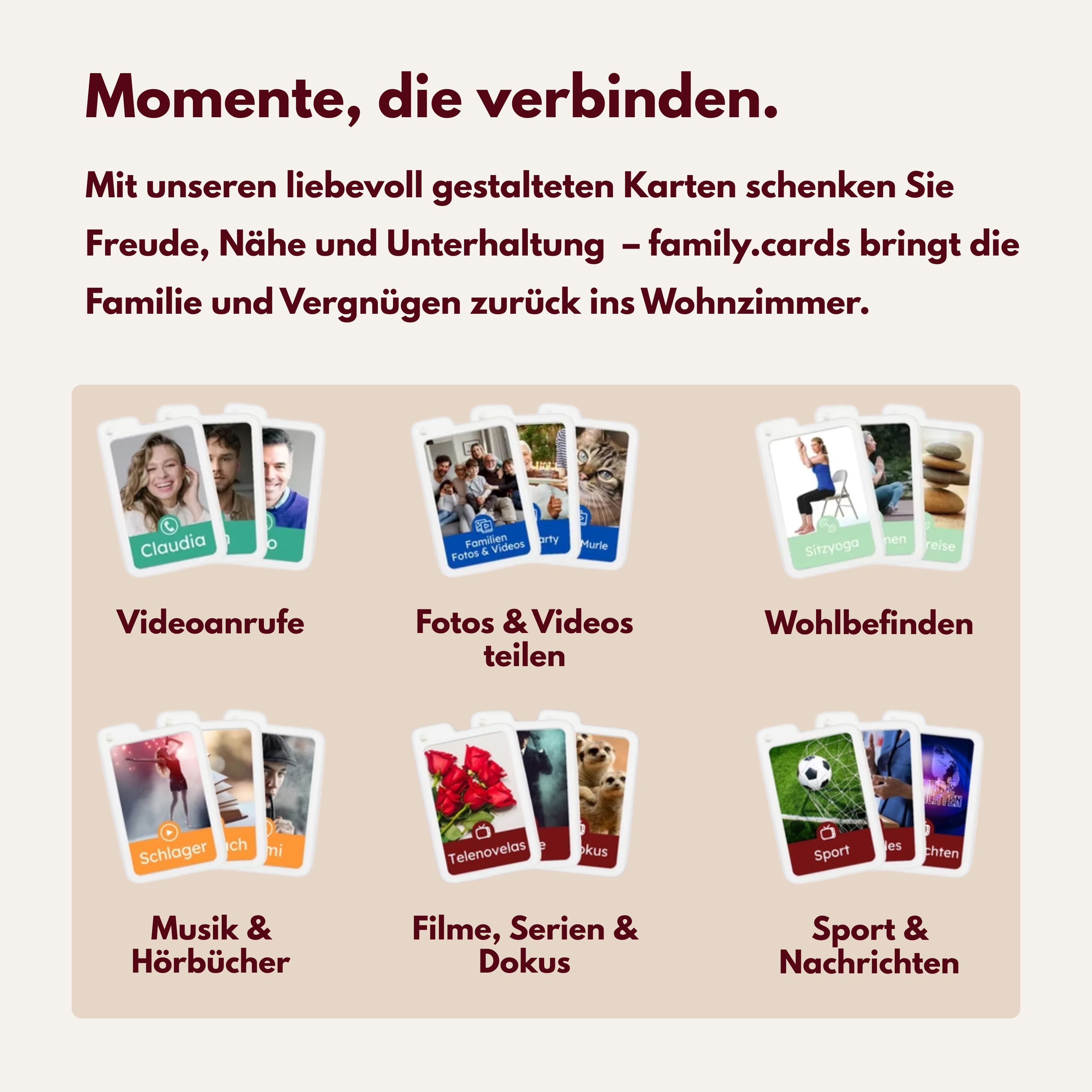 Karten mit Bildern und Text. Themen sind Videoanrufe, Fotos, Videos, Wohlbefinden, Musik, Filme, Sport.