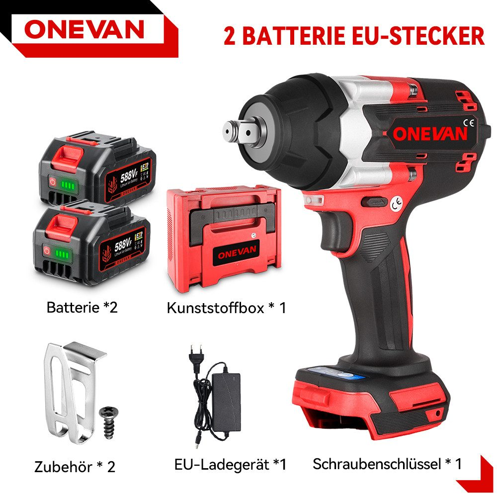 Herramienta eléctrica roja y negra con baterías, un cargador y accesorios. La herramienta está en el centro.