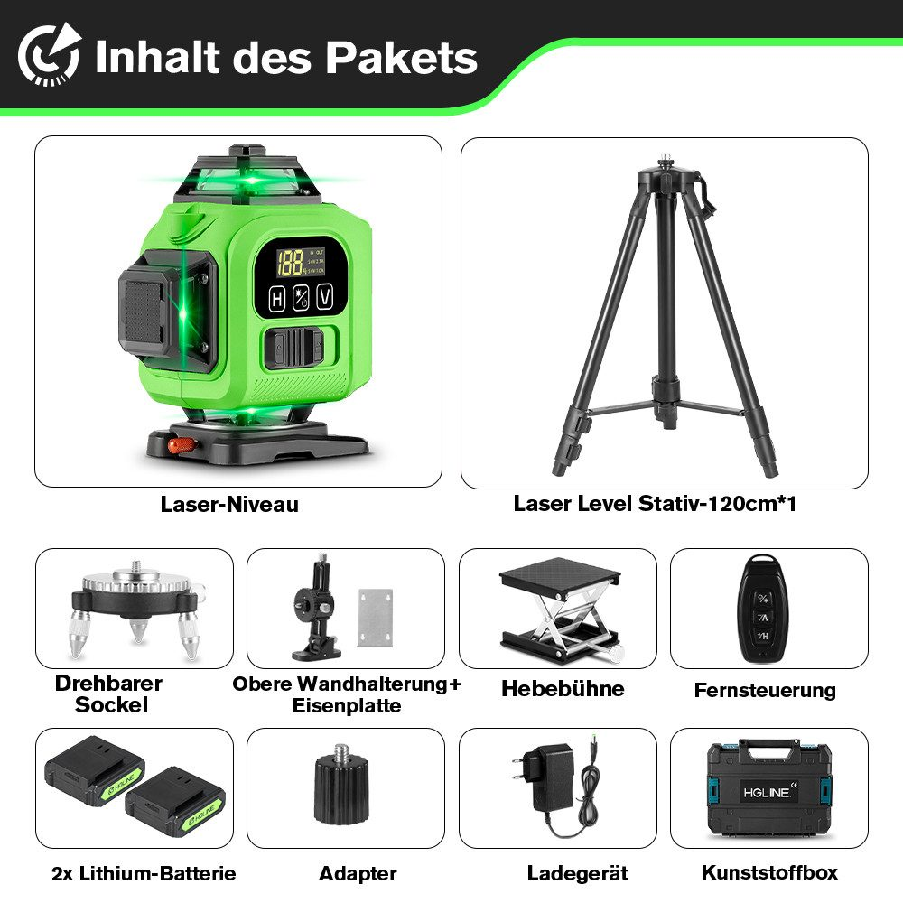 Packungsinhalt eines grünen Laser-Nivellierer-Sets. Enthält das Nivelliergerät, Stativ, Batterien, Ladegerät und Zubehör.