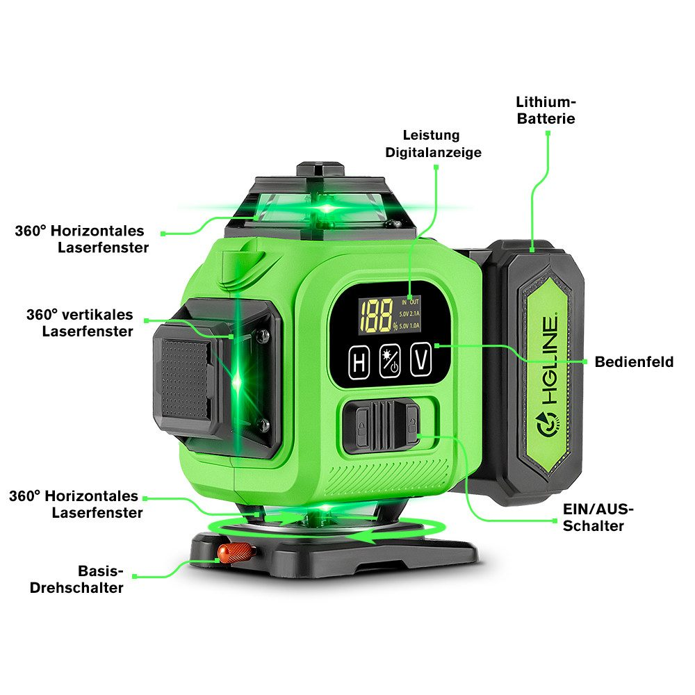 Grünes Laser-Niveau mit Bedienfeld, Batterie und verschiedenen Laserfenstern, auf Deutsch beschriftet.